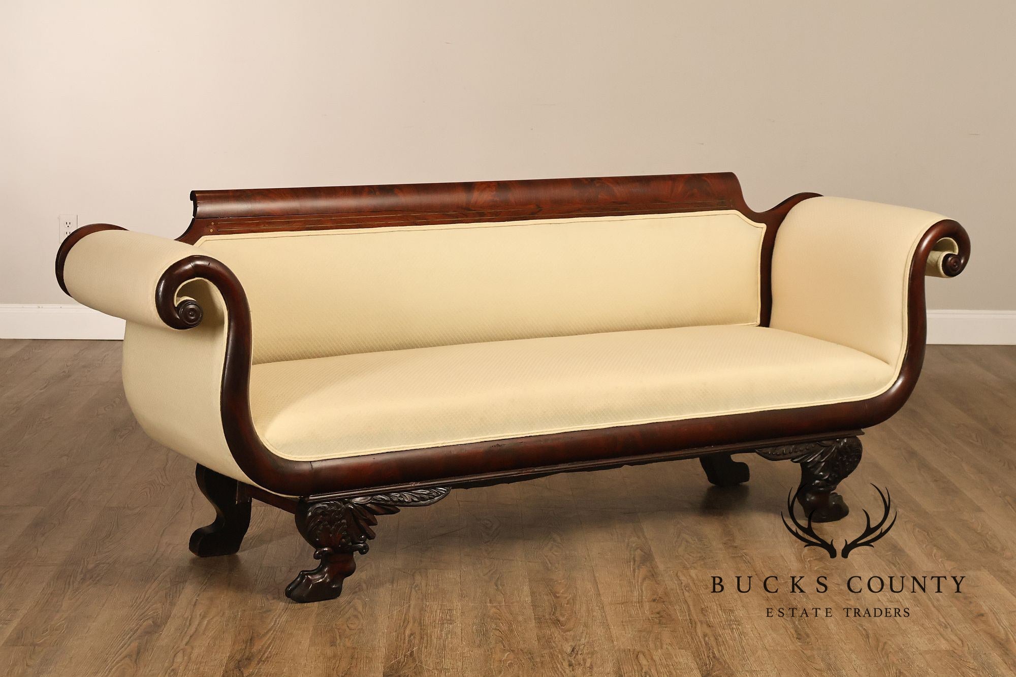 Antique Empire Style Mahogany Classical Scroll Arm Sofa