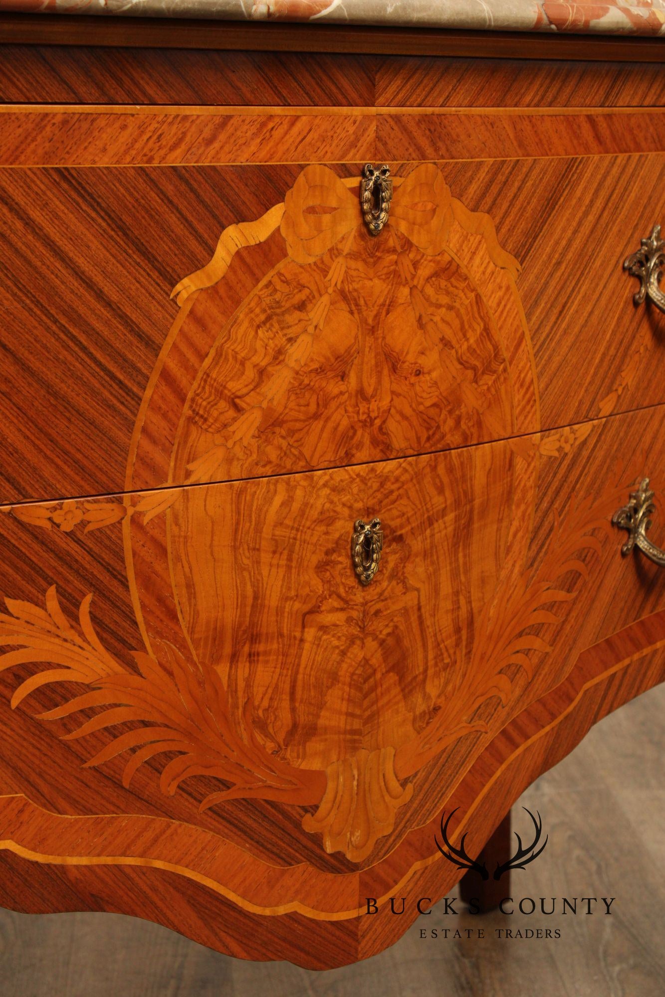 Louis XV Style Pair Of Marquetry Inlaid Marble Top Bombe Commodes