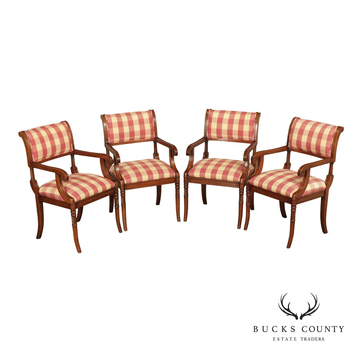 Guy Chaddock Set Of 4 Carved Wood Dining Armchairs In Scalamandré Check Fabric