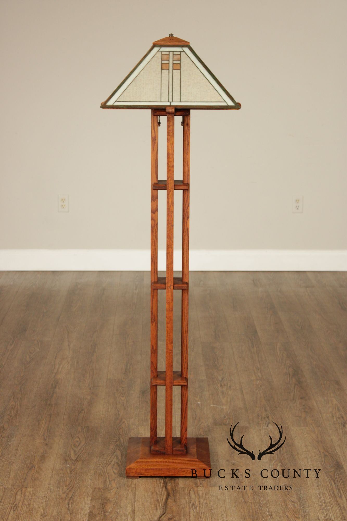 Pair Michael Adams – Aurora Studios Prairie School Oak & Stained Glass Floor Lamps