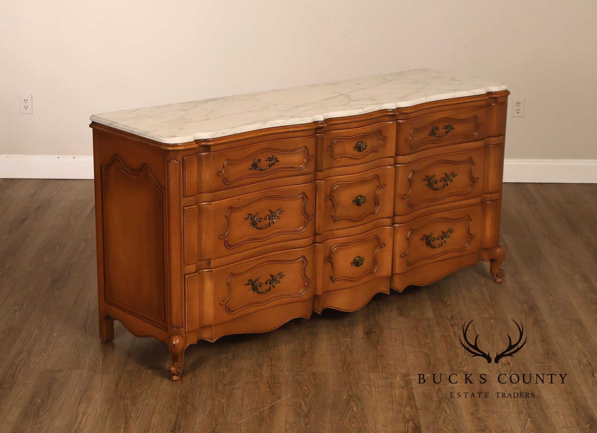 French Provincial Style Marble Top Nine Drawer Dresser
