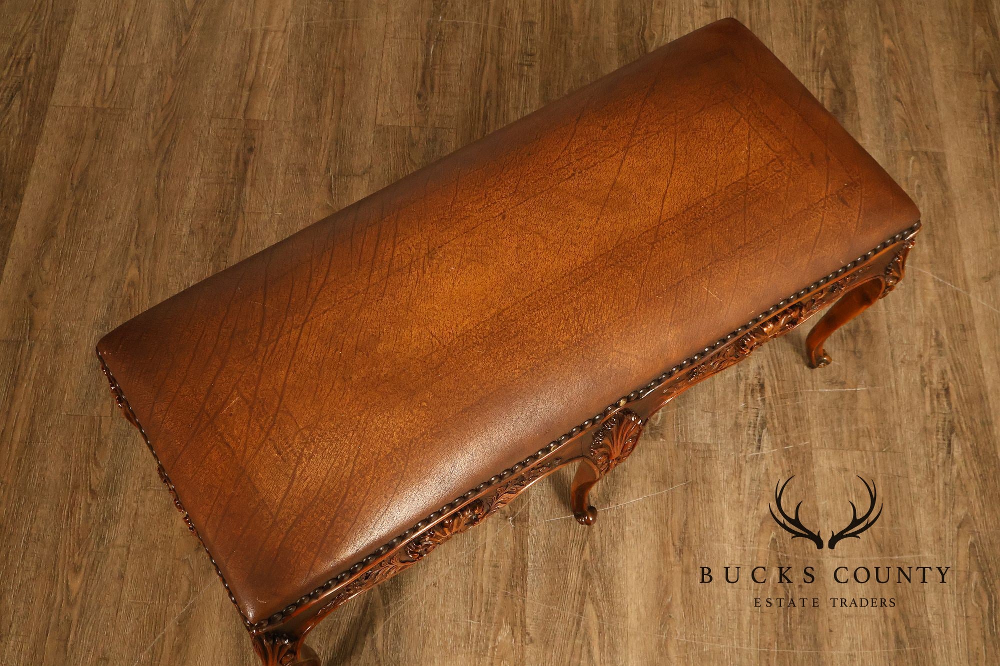 Rococo Style Leather Upholstered Carved Mahogany Window Bench