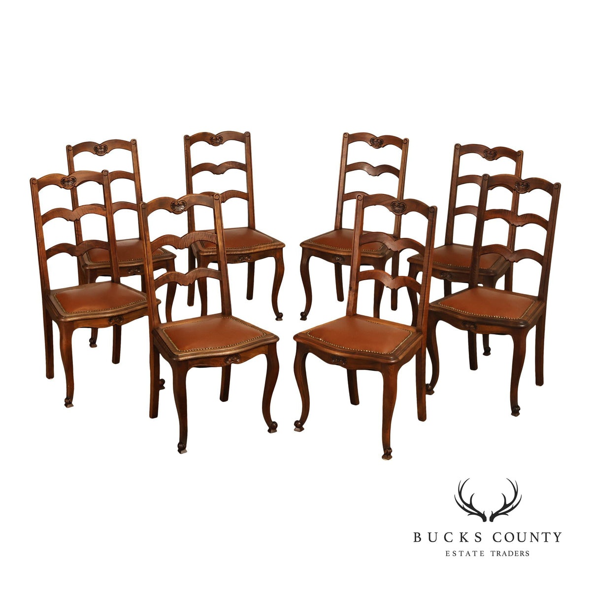French Country Antique Set Of Eight Walnut And Leather Ladder Back Dining Chairs