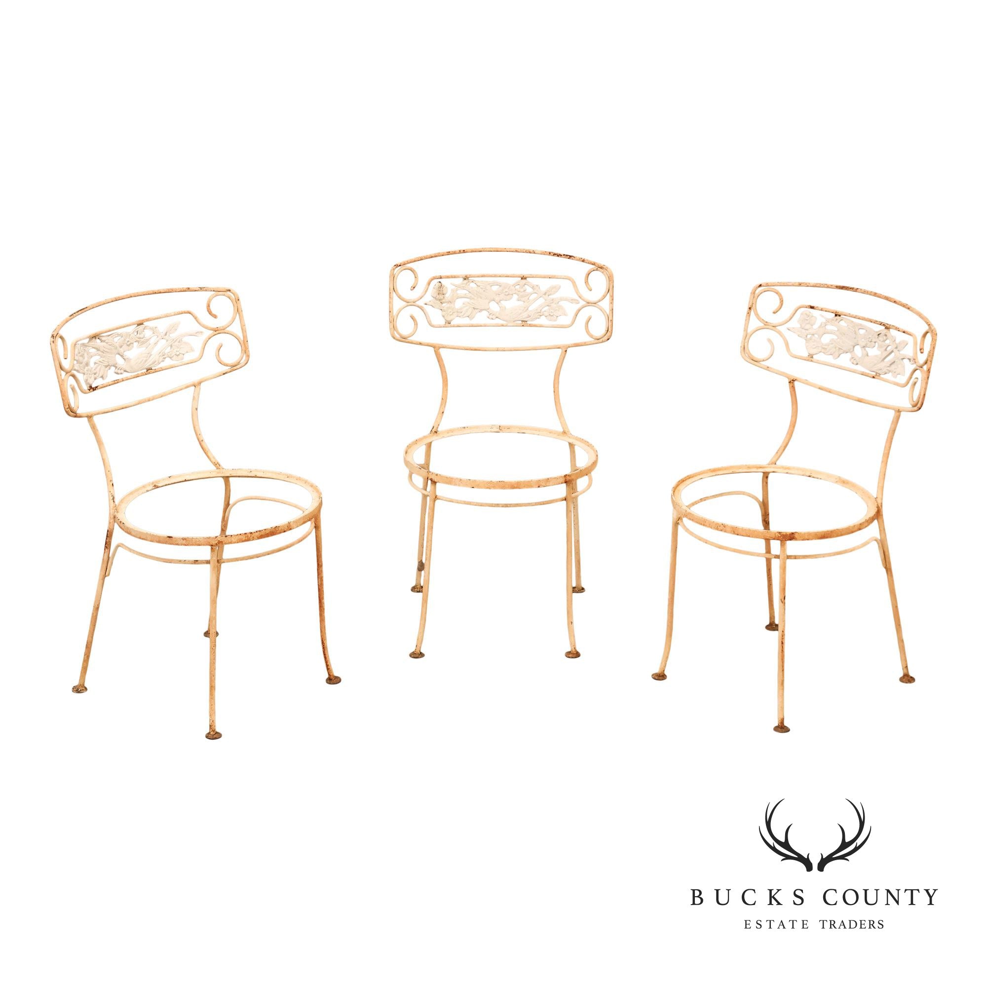 Painted Wrought Iron Set Of Three Garden Chairs With Decorative Backs
