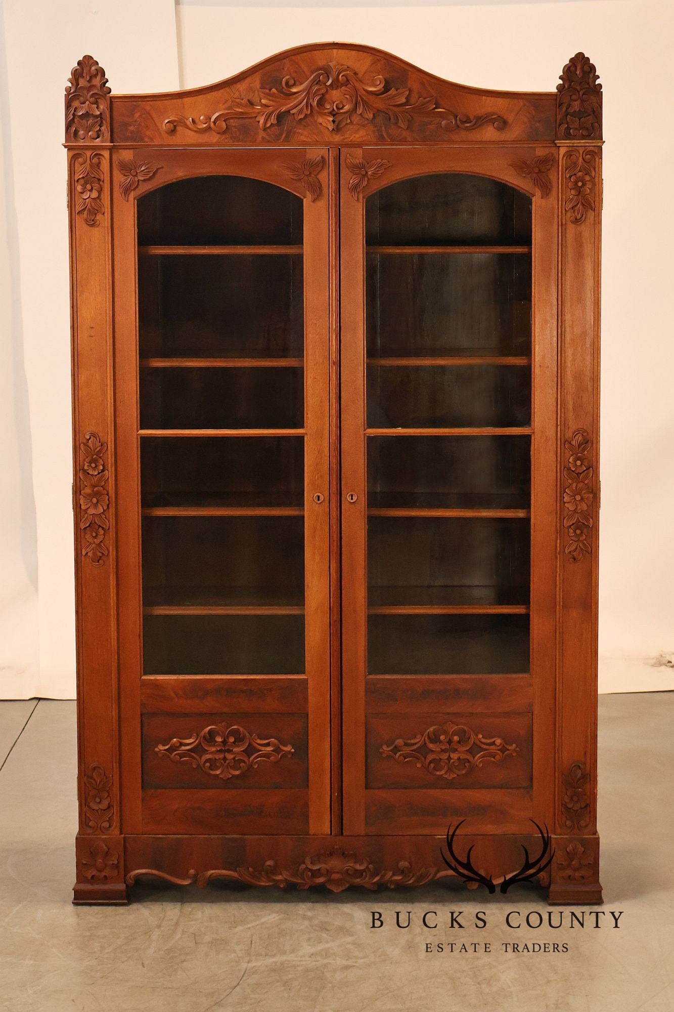 Antique Victorian Renaissance Revival Mahogany Large Two Door Bookcase