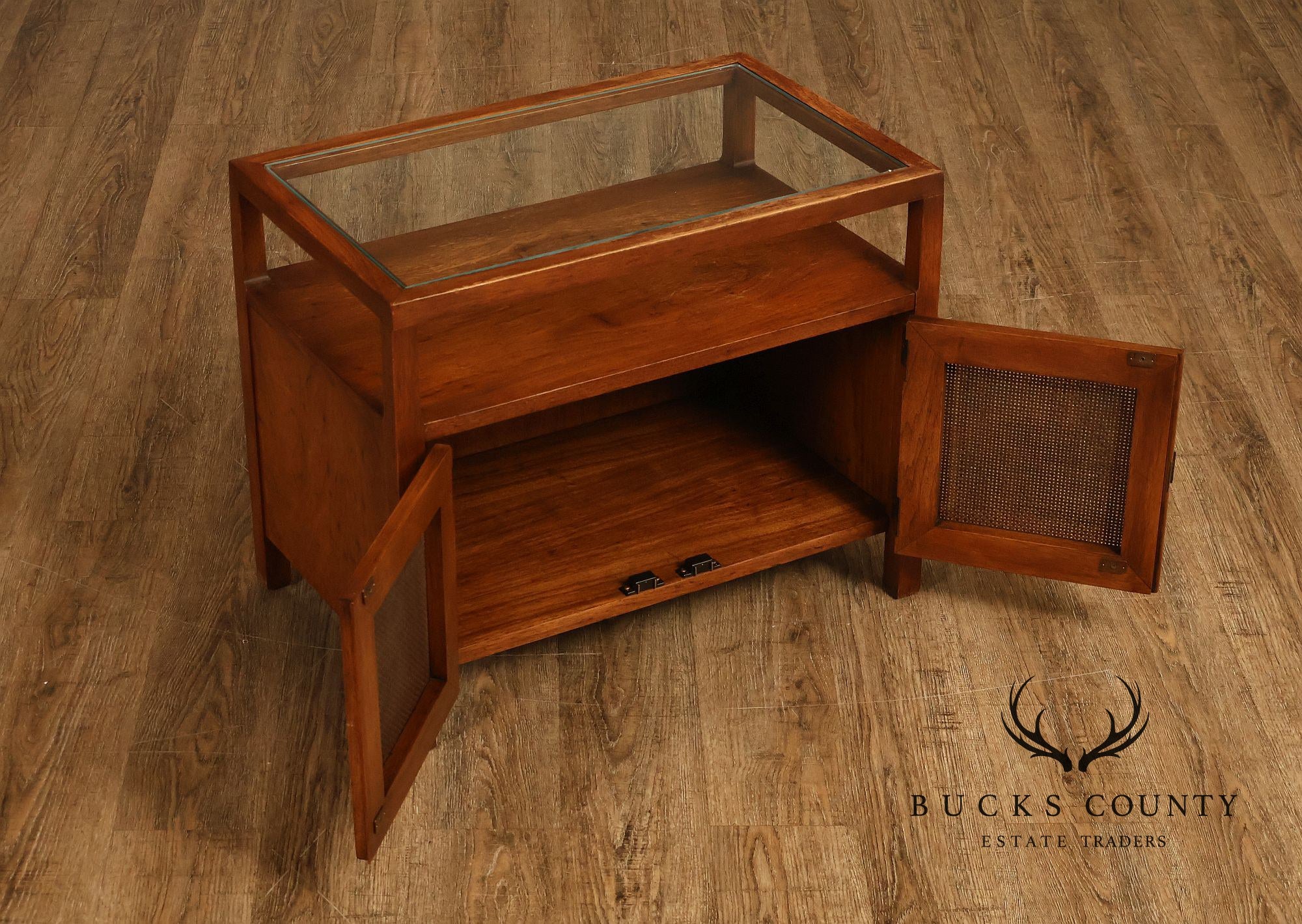 Mid-Century Modern Glass Top Walnut and Cane Side Cabinet