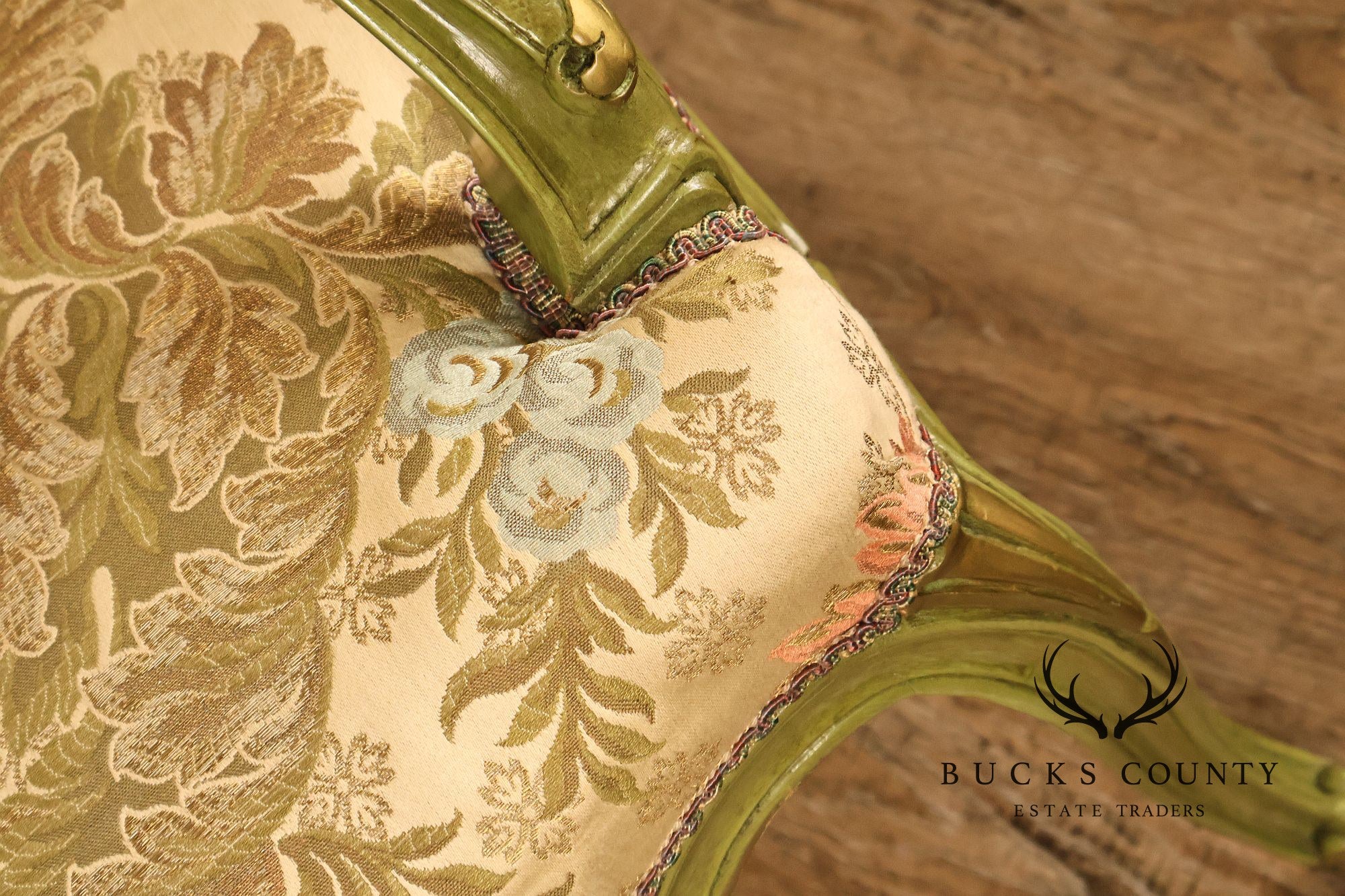 Vintage Louis XV Style Green Painted Floral Upholstered Armchair