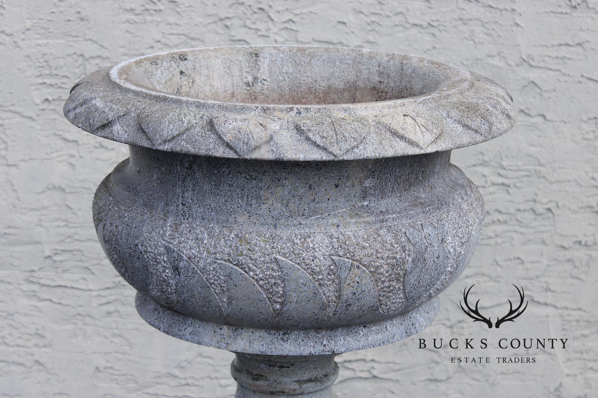 Vintage Pair Of Carved Granite Three-Piece Garden Urns On Pedestals