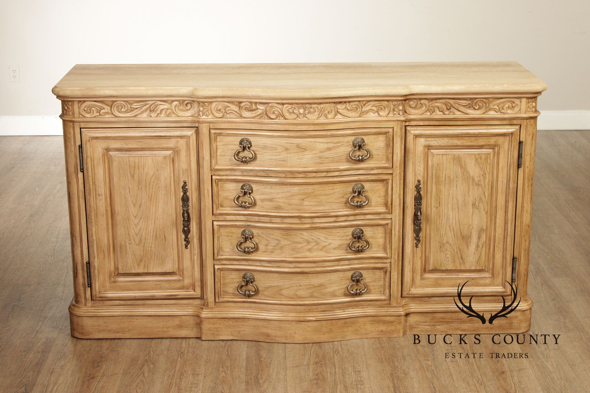 Bernhardt Tuscan Style Carved Cerused Oak Sideboard With Travertine Top