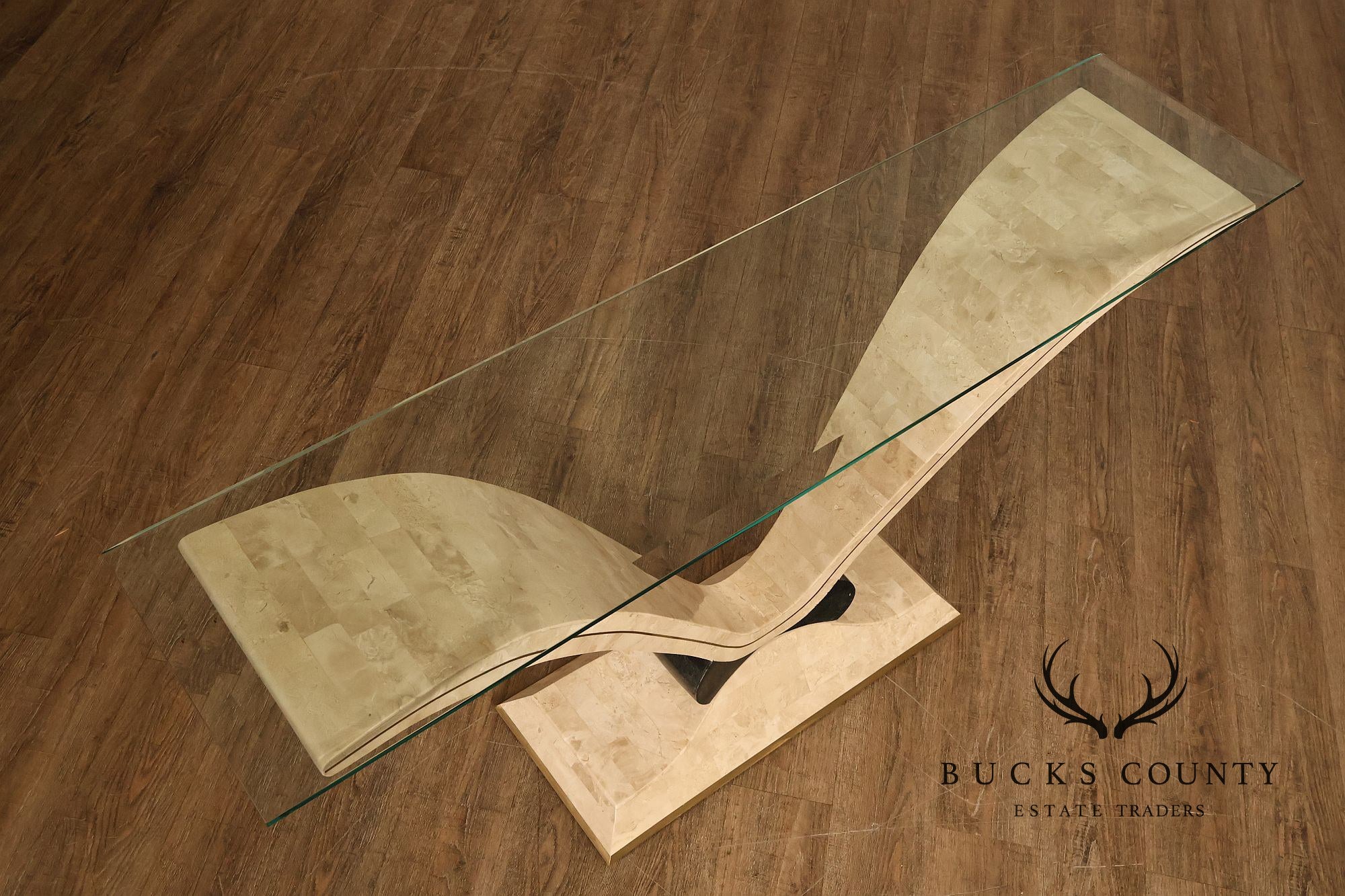 Postmodern Glass Top Travertine Console Table