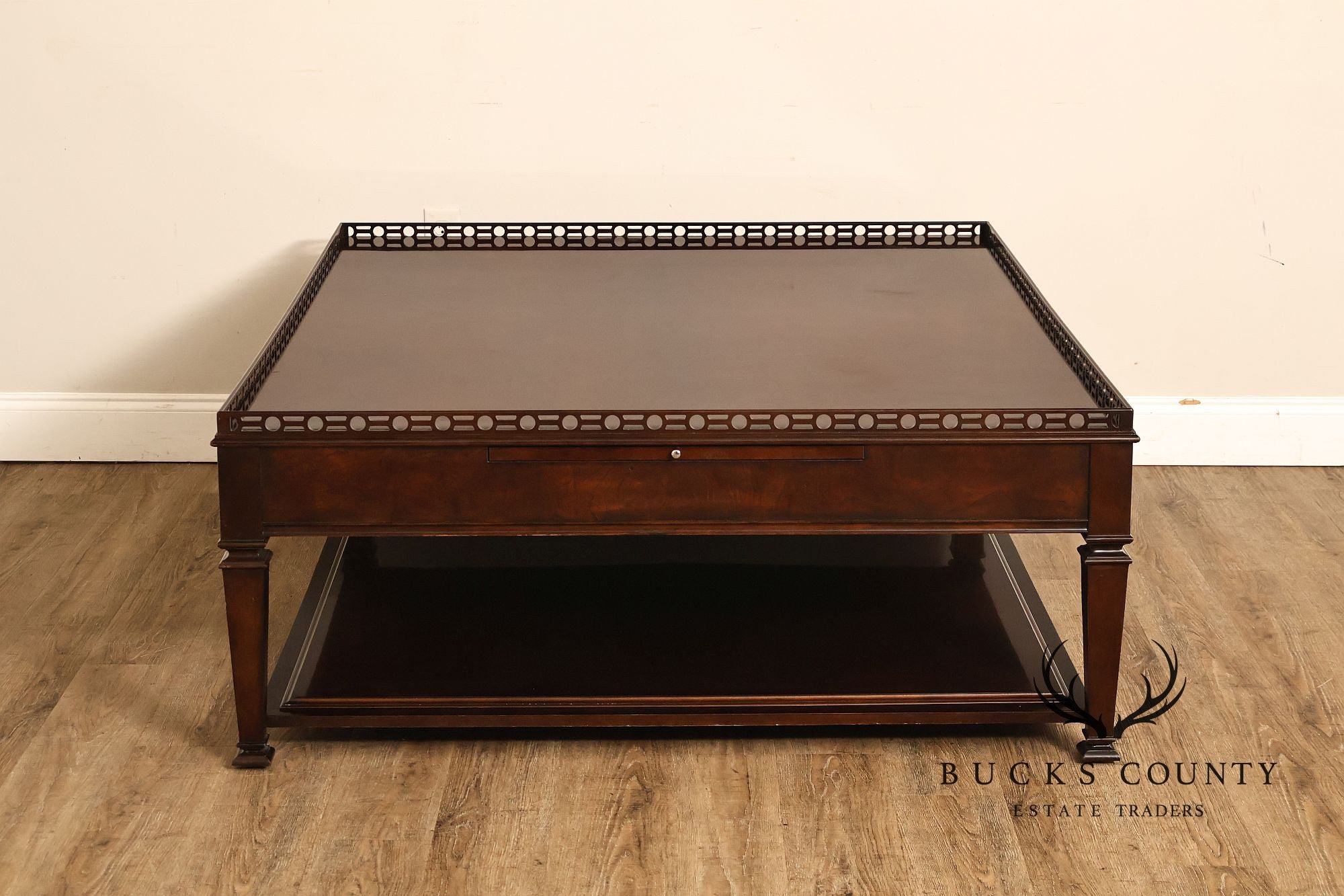 Century Furniture Large Mahogany Two Drawer Gallery Top Rectangular Cocktail Coffee Table