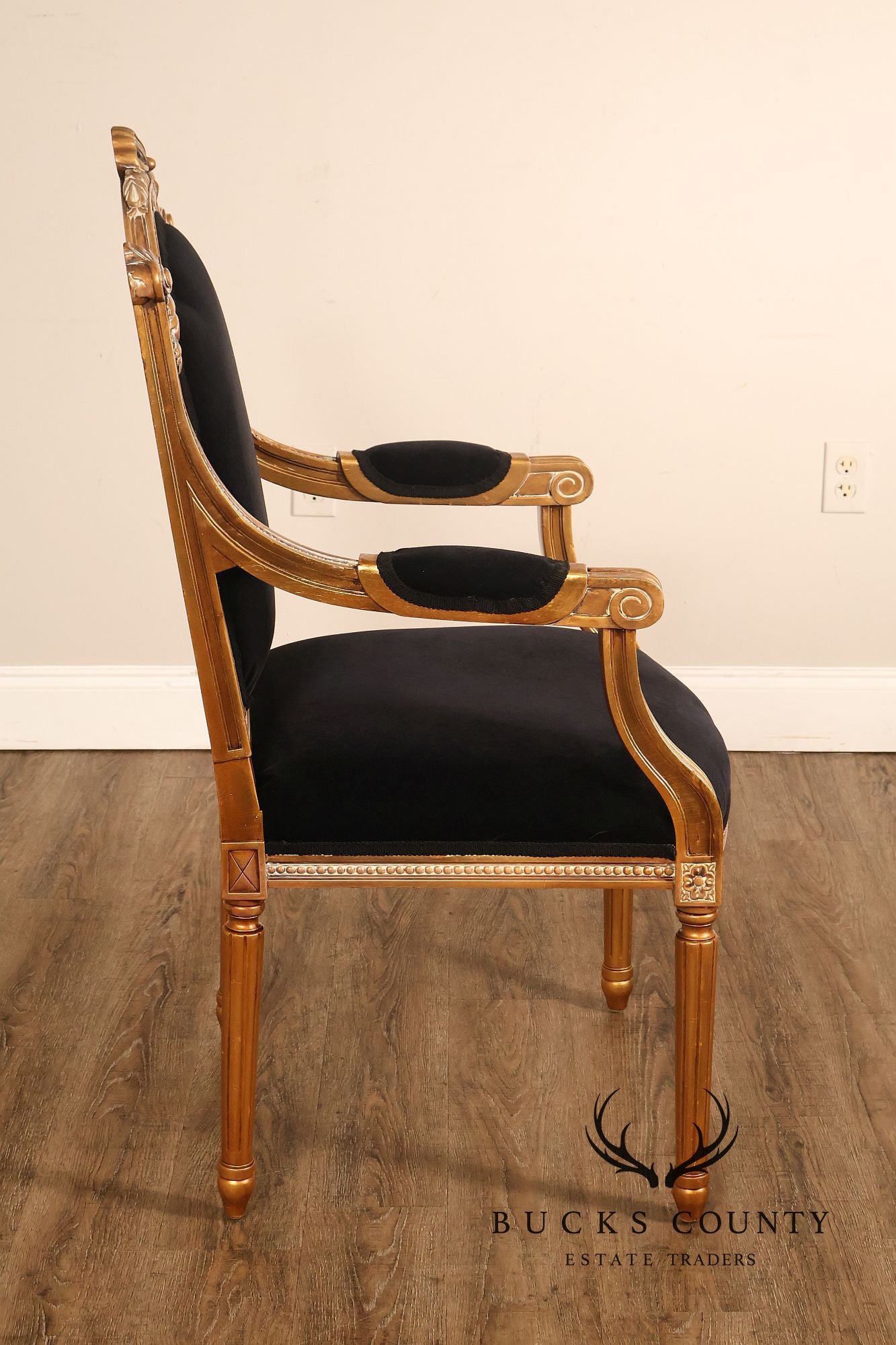 Louis XVI Style Giltwood Armchair With Black Upholstery