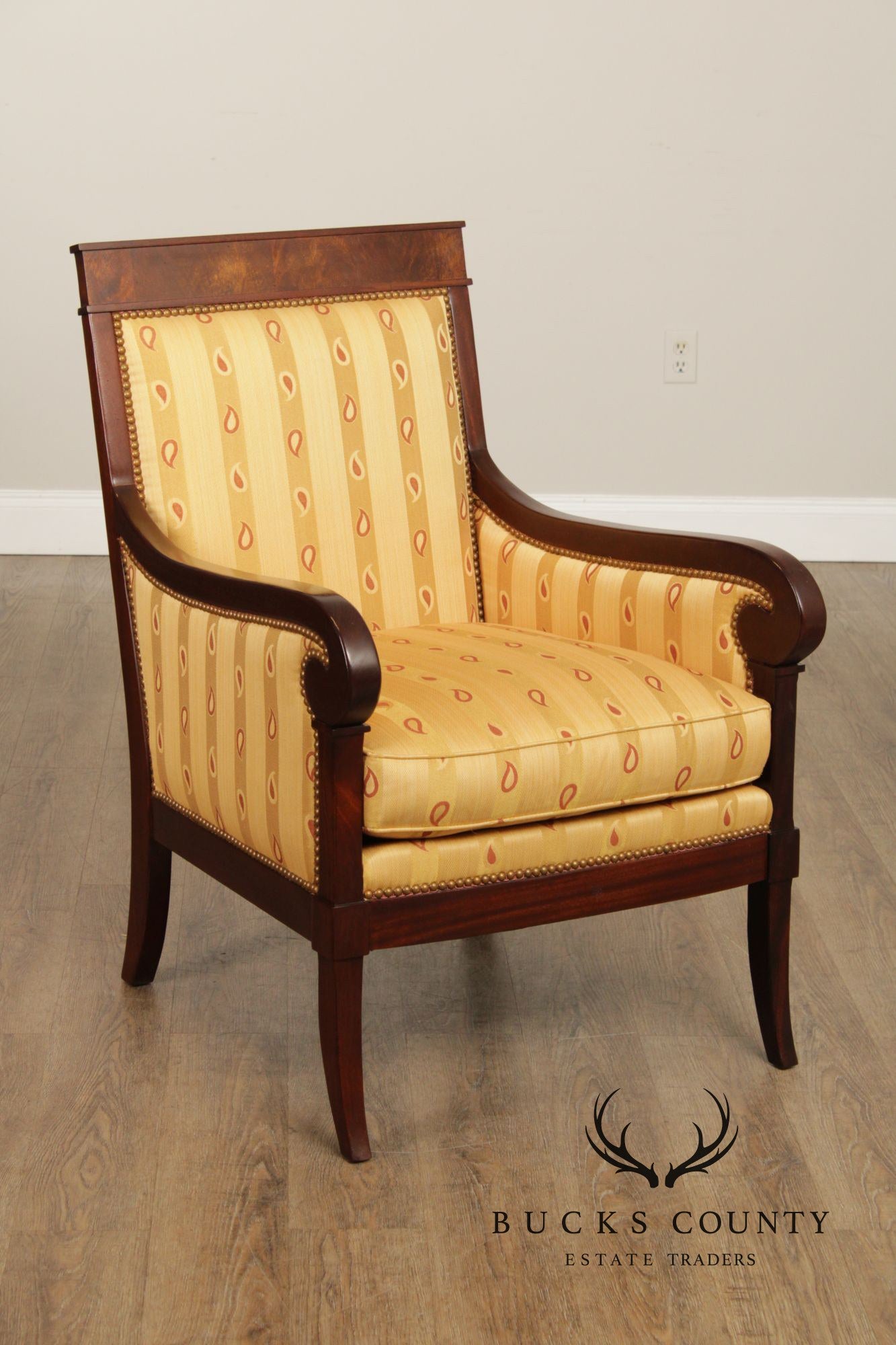 Kravet Furniture French Empire Style Pair of Mahogany Armchairs