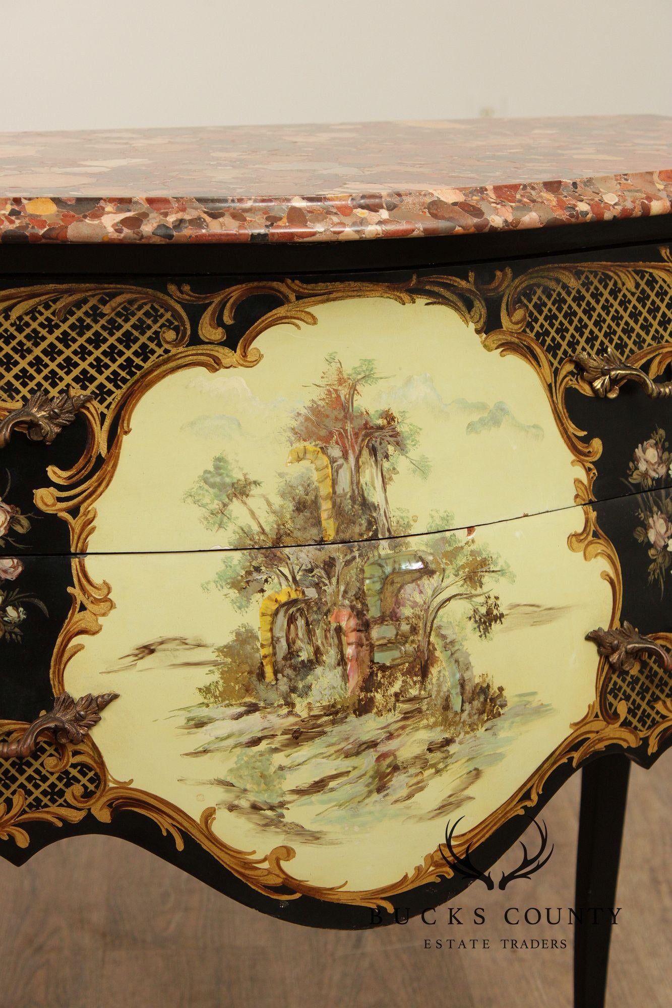 Louis XV Style Hand Painted Marble Top Bombe Commode