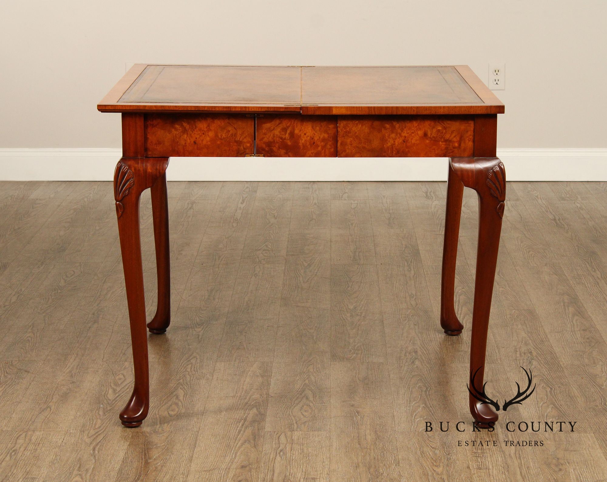 Queen Anne Style Burl Wood Leather Top Folding Games Table