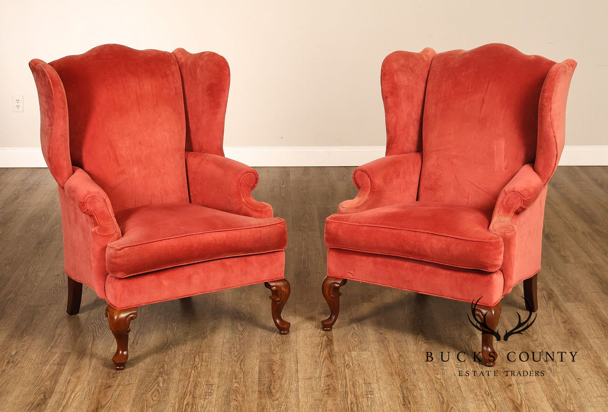 Thomasville Pair Of Traditional Coral Velvet Wingback Chairs