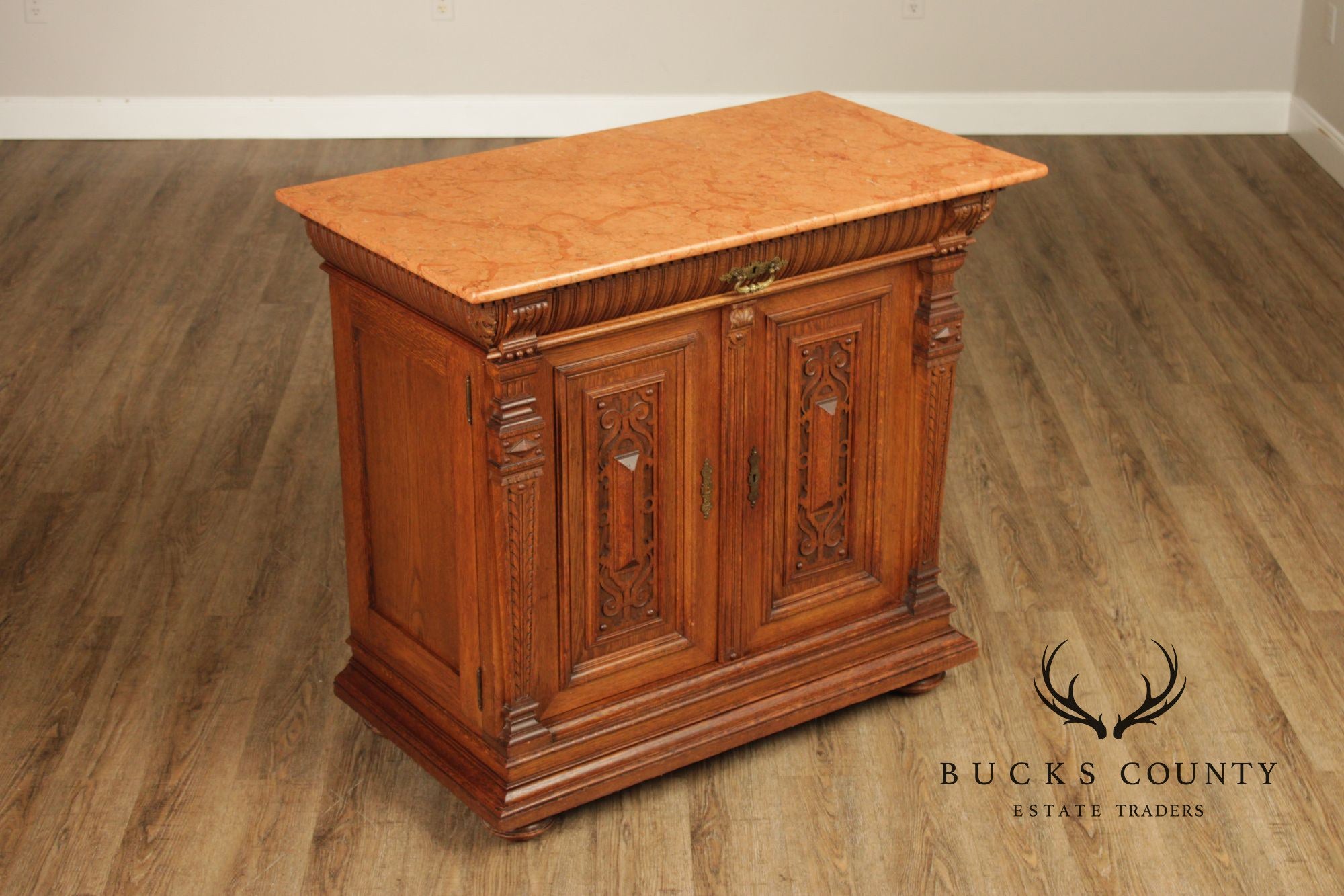 Antique German Renaissance Revival Carved Oak Marble Top Cabinet