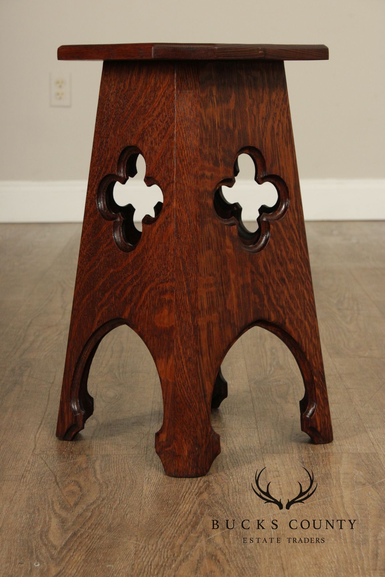 Arts and Crafts Antique Pair of Oak Cut-Out Taboret Side Tables