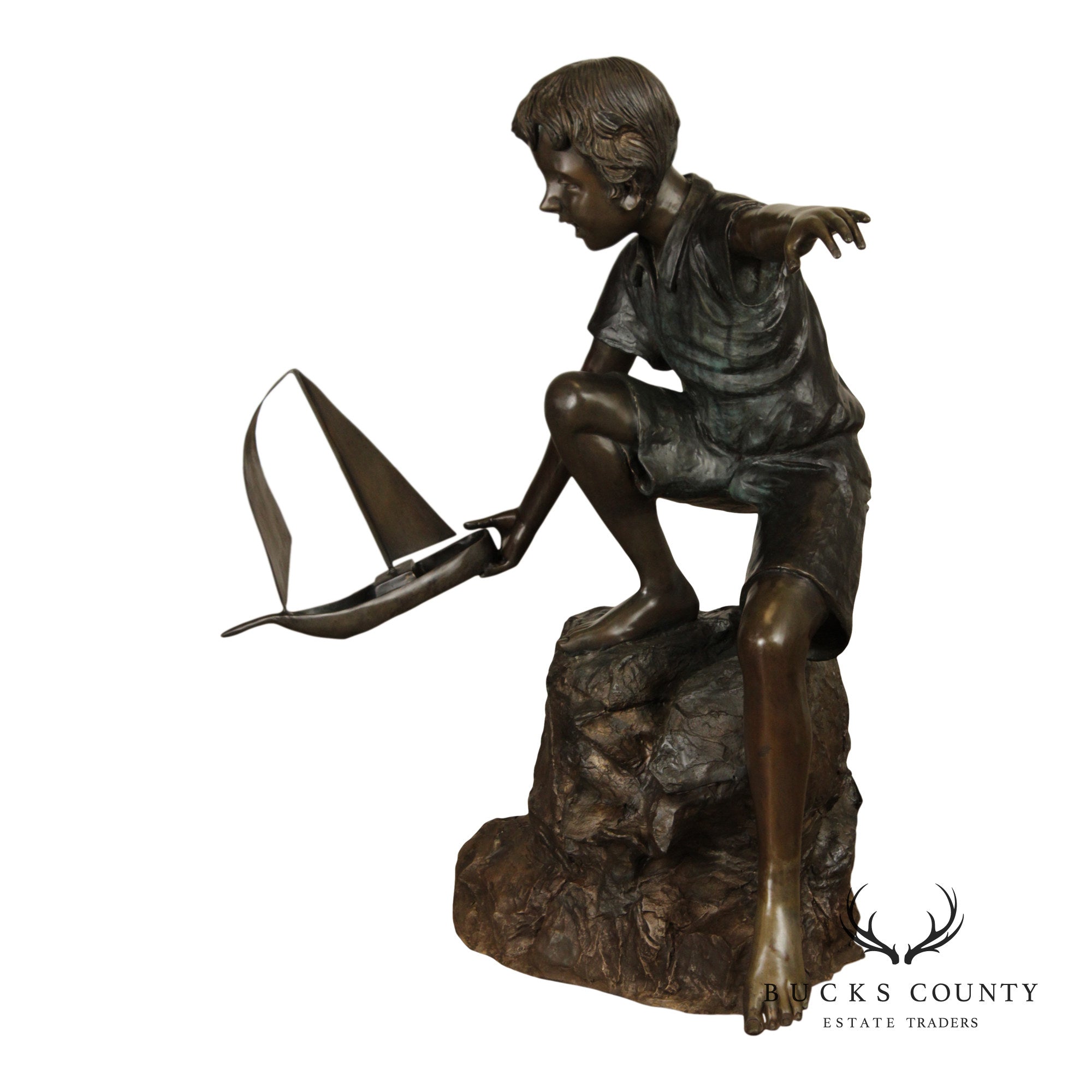 Bronze Life Size Garden Statue Of Boy With Sail Boat