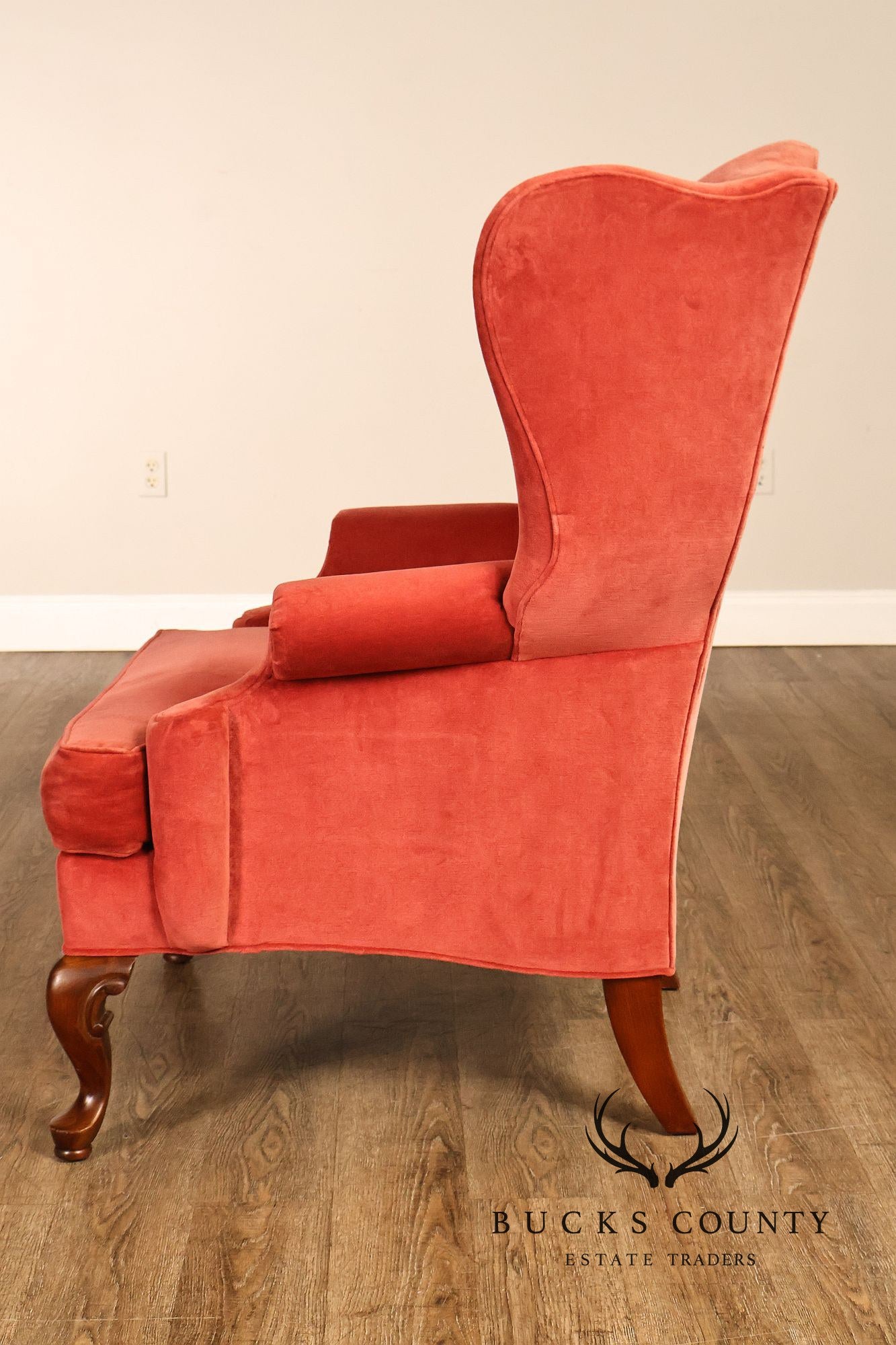 Thomasville Pair Of Traditional Coral Velvet Wingback Chairs
