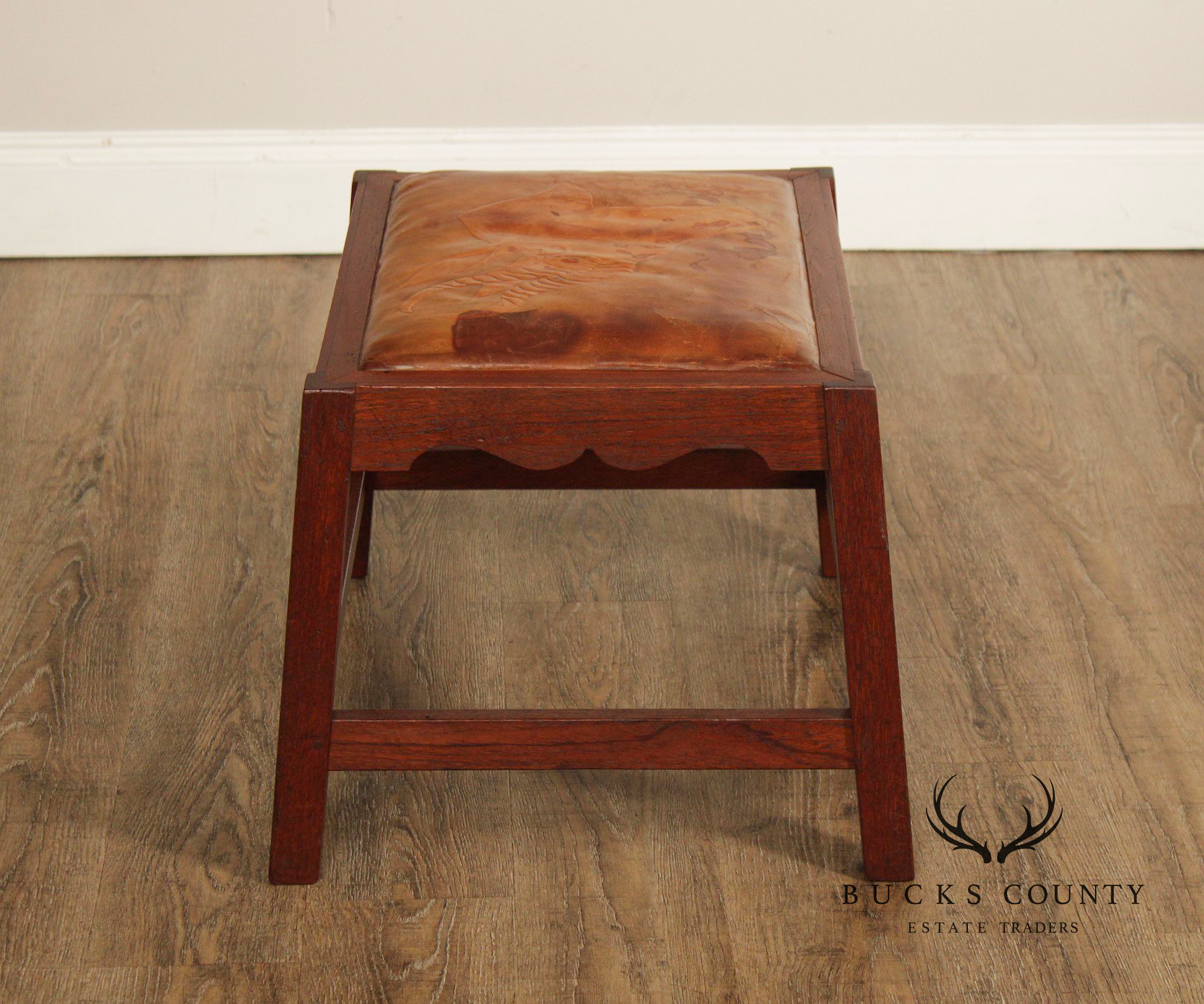 Arts & Crafts Leather Seat Oak Stool