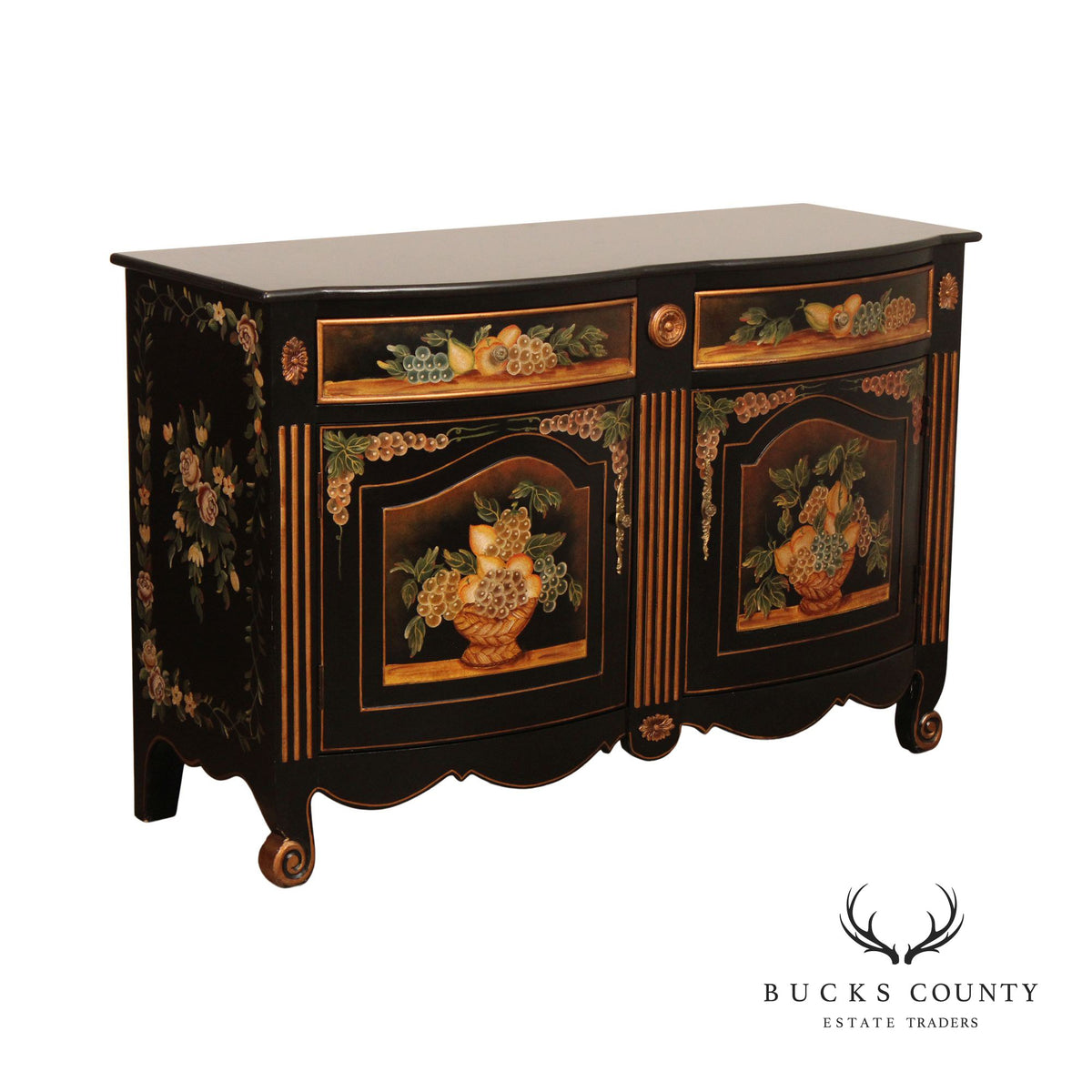 Rustic Italian Style Paint Decorated Marble Top Buffet