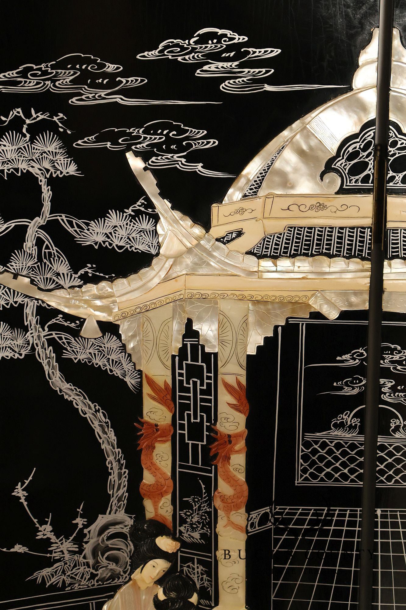 Asian Black Lacquer Vintage Pair Of Four Panel Folding Screens With Mother Of Pearl Inlay