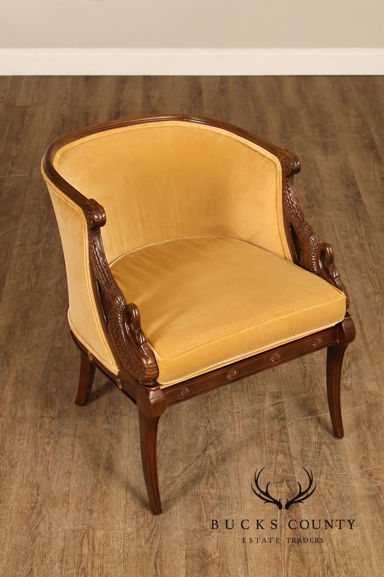 Pair Of French Empire Style Carved Mahogany Swan Motif Barrel Back Club Chairs In Gold Velvet
