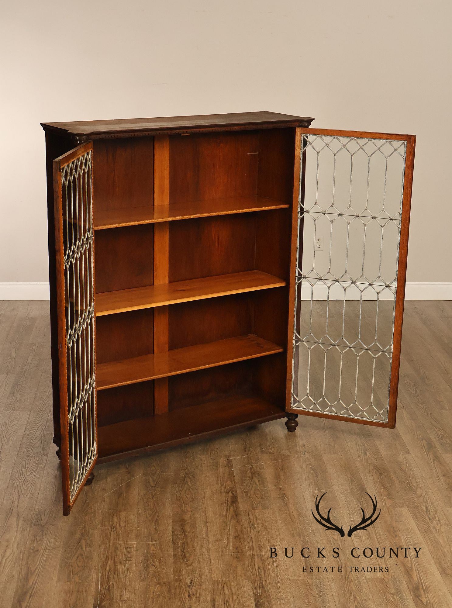 Arts and Crafts Antique Oak and Leaded Glass Bookcase