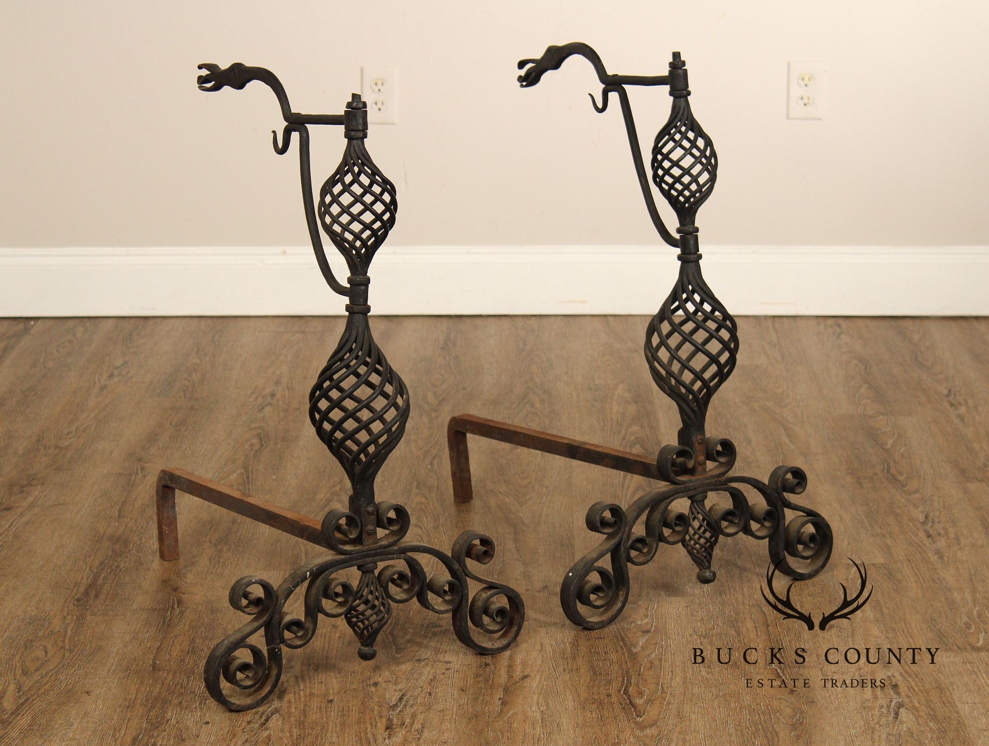 Arts & Crafts Pair of Scrolling Wrought Iron Andirons