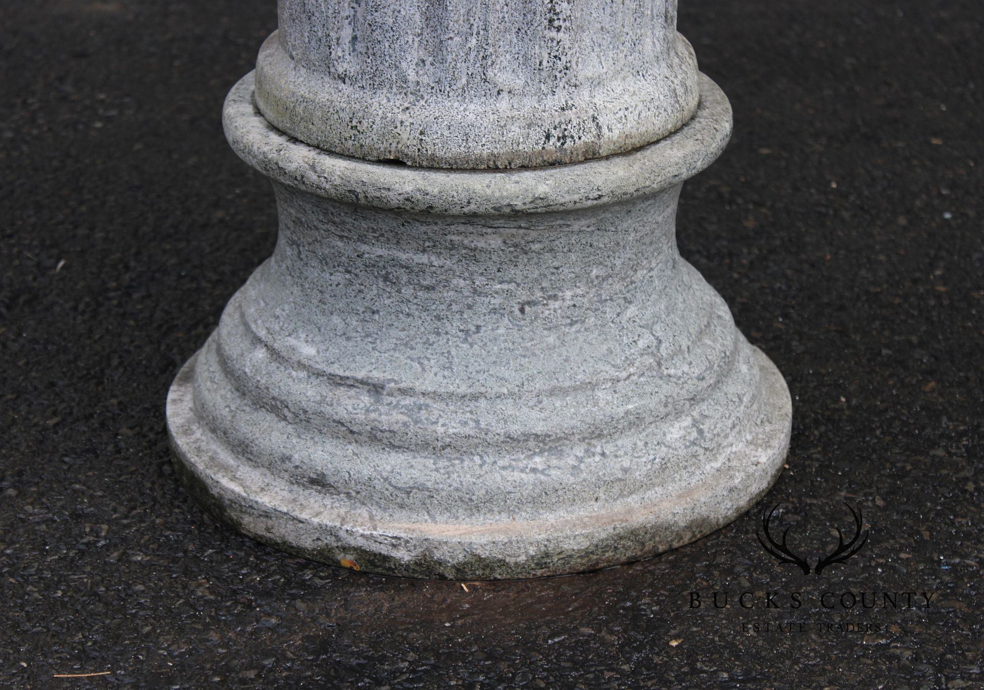 Vintage Pair Of Carved Granite Three-Piece Garden Urns On Pedestals