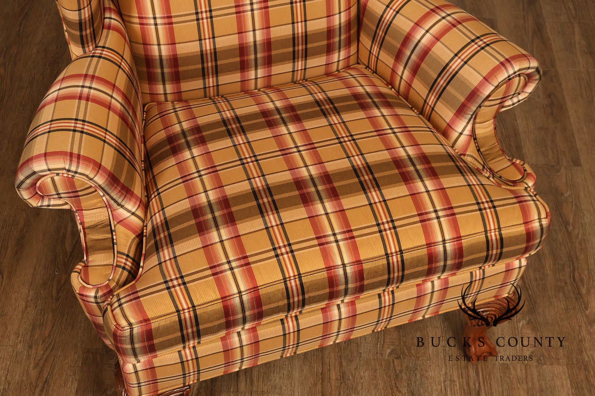 Ethan Allen Chippendale Style Plaid Upholstered Wing Chair