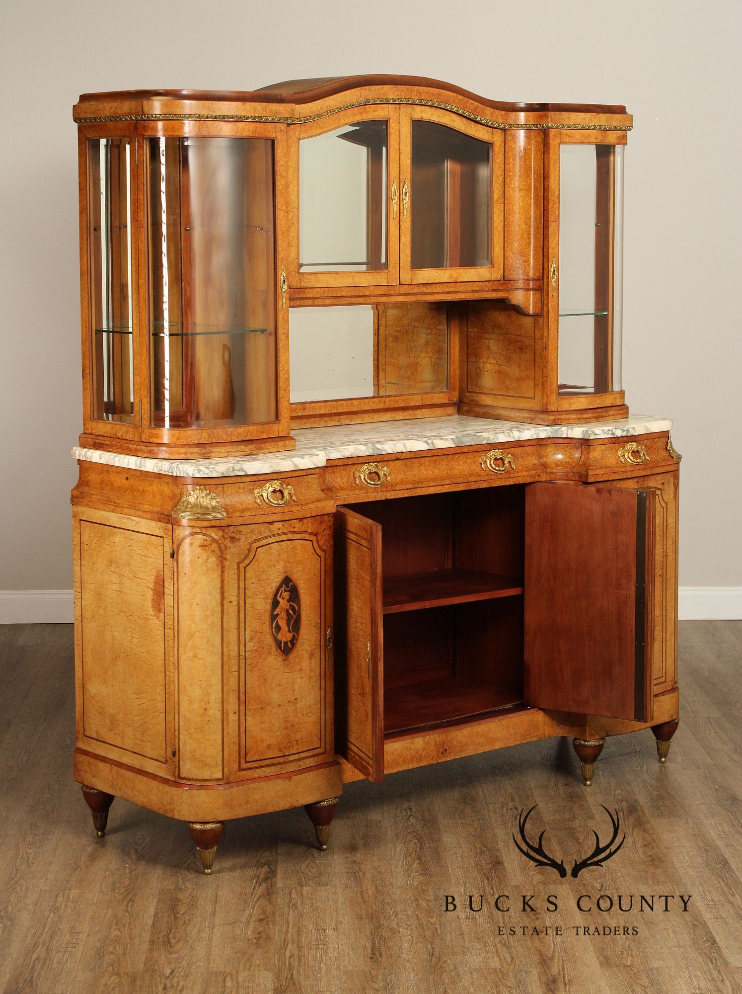 Antique French Louis XVI Style Burl Walnut Marble Top Buffet Hutch