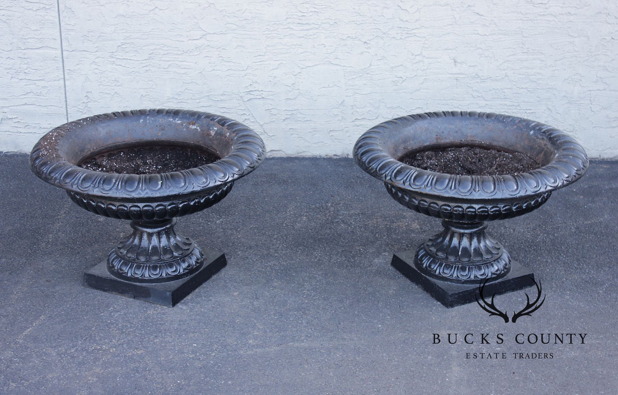 Large Cast Iron Pair Of Garden Urn Planters