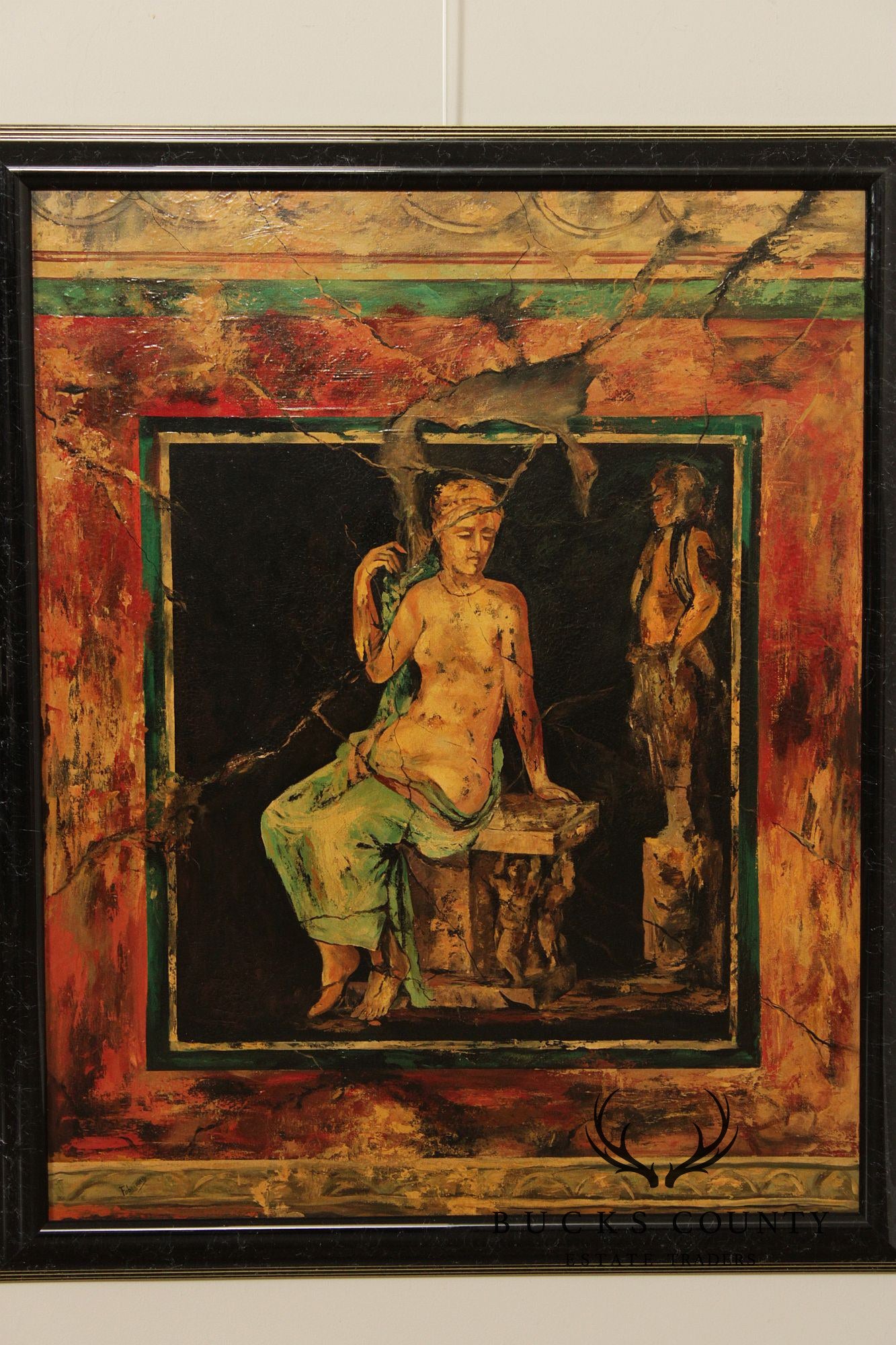 Roman Fresco Oil Painting Signed 'Fabriano' with Black Frame