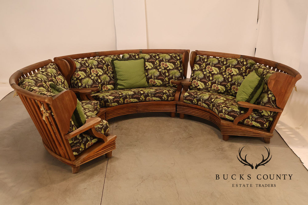 Curved Teak Modular Sofa With Floral Upholstery