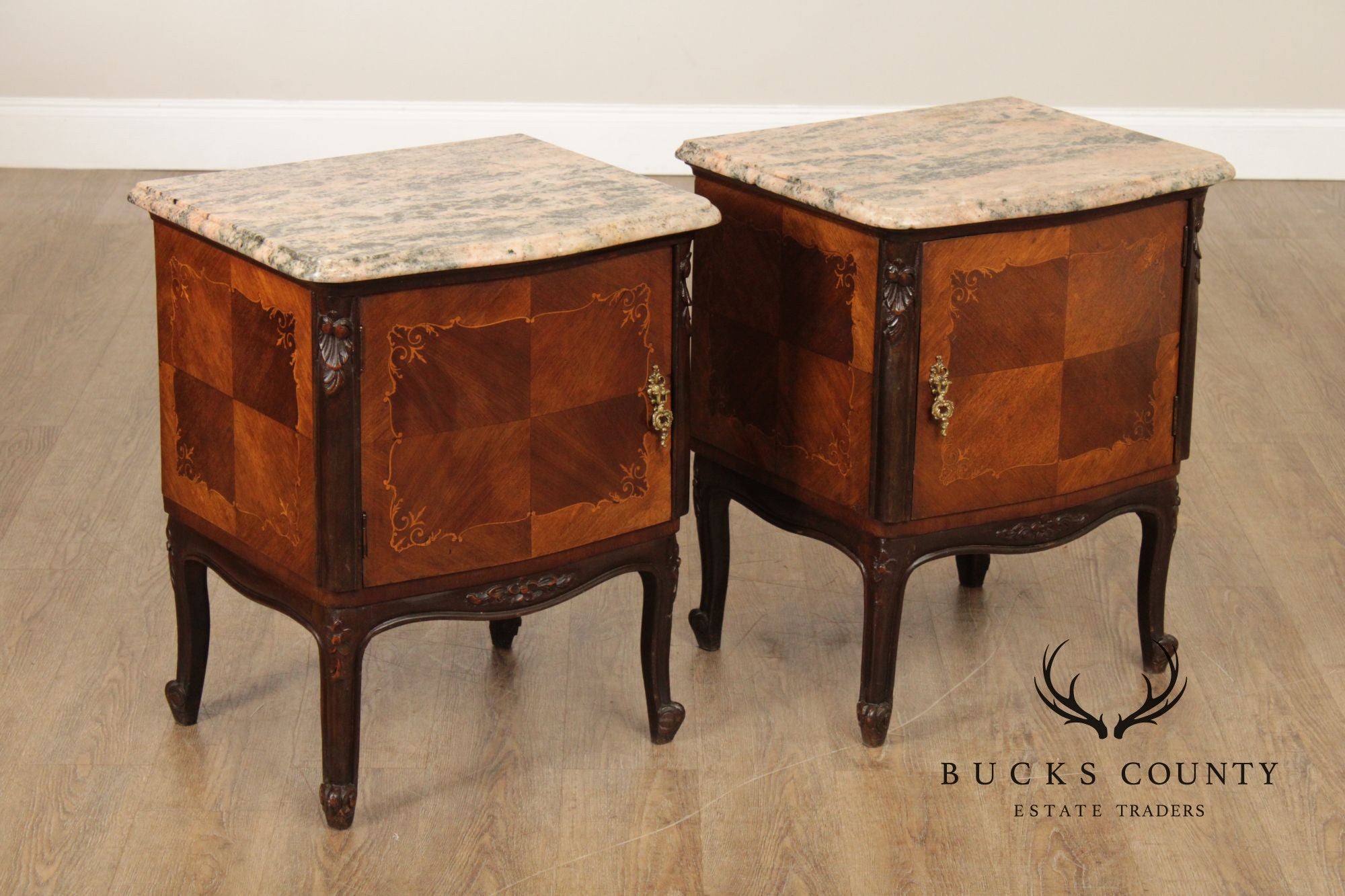 Italian Rococo Style Pair of Marble Top Nightstands