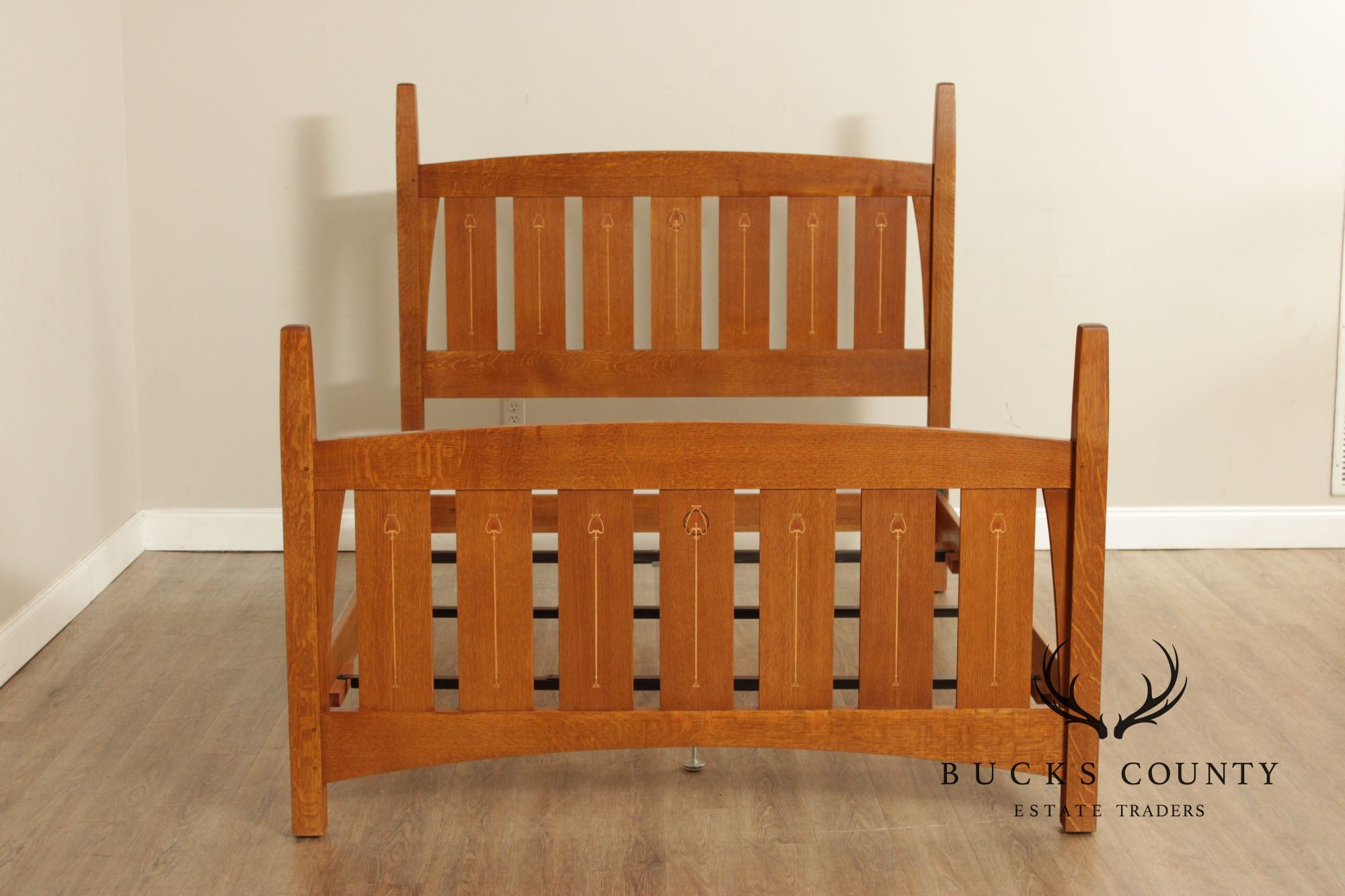 Stickley Mission Collection Harvey Ellis Inlaid Oak Queen Bed