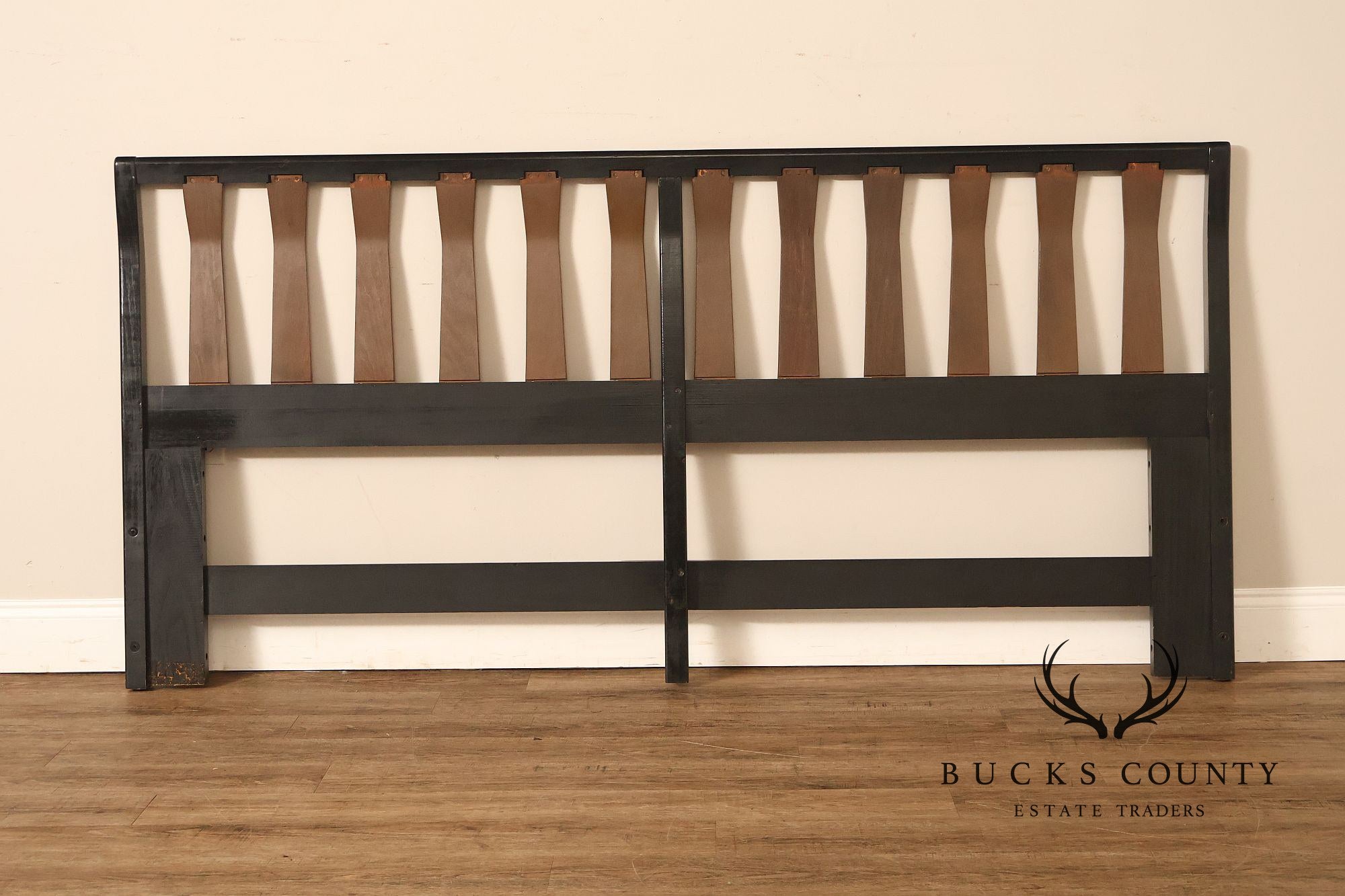 Mid Century Modern King Size Headboard with Ebony Frame and Walnut Bentwood Slats