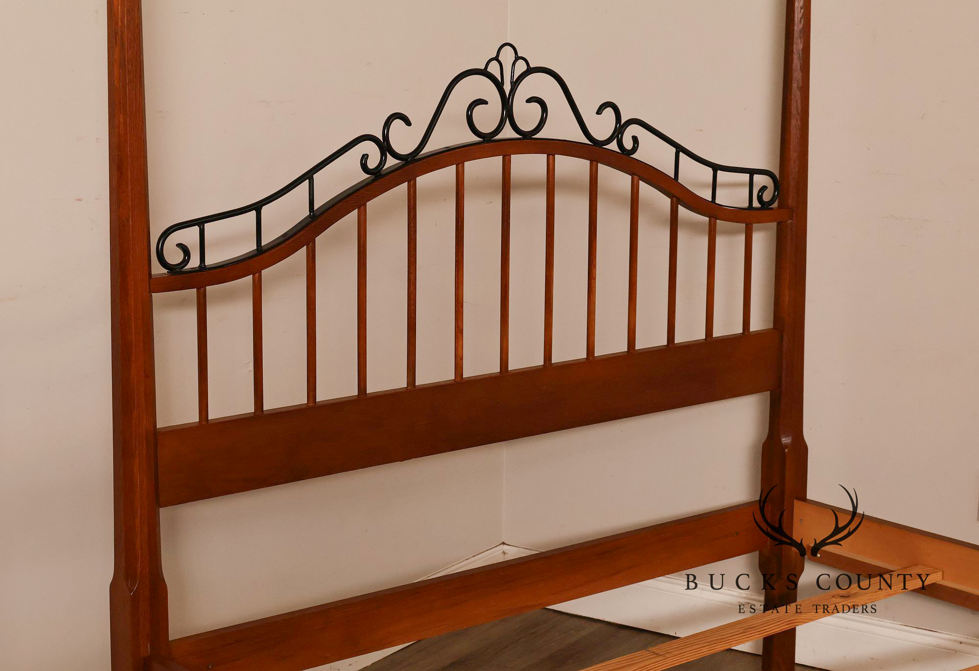 Keller Traditional Solid Oak And Scrolled Iron Queen Poster Bed