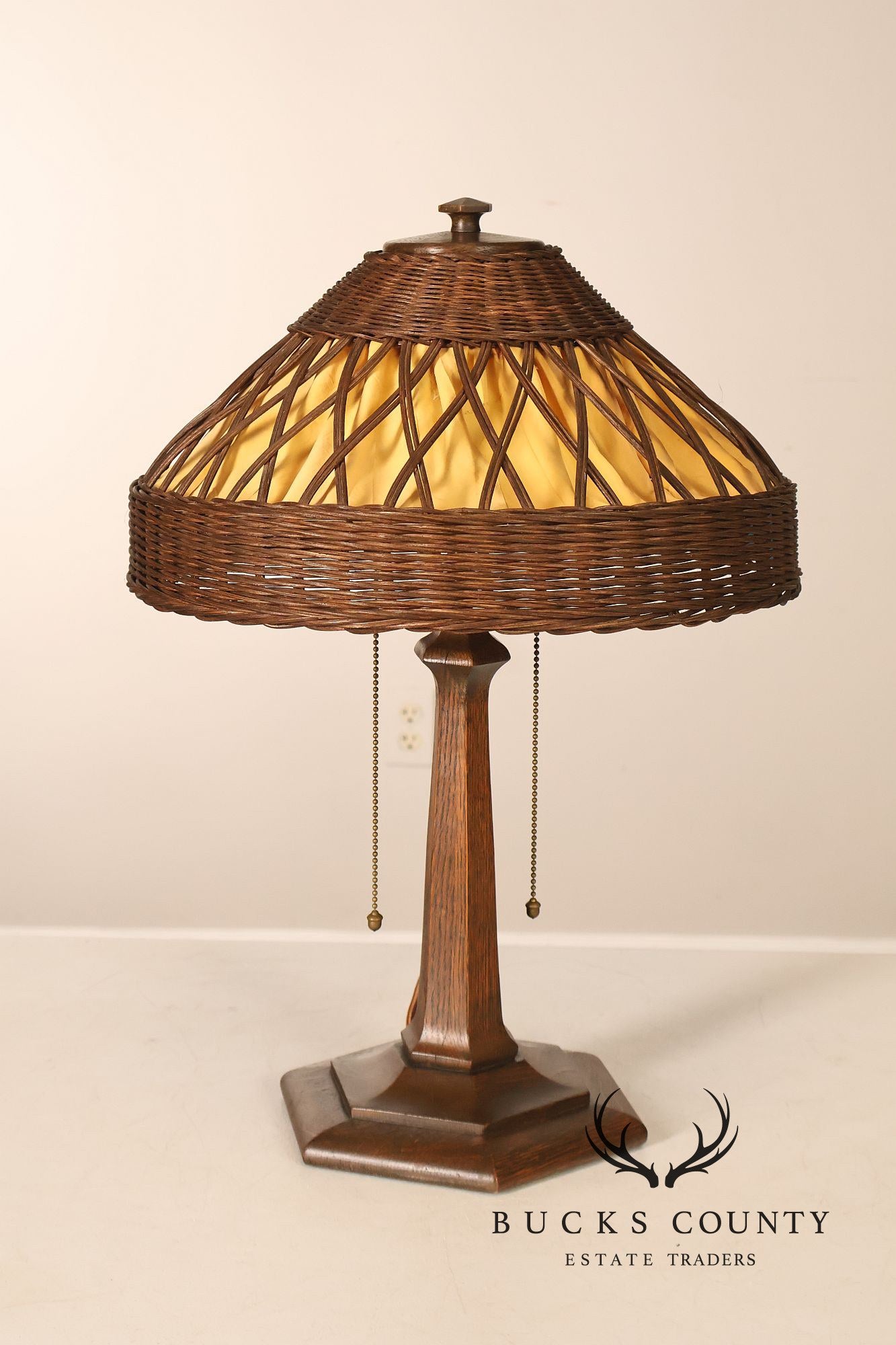 Antique Arts And Crafts Oak Table Lamp With Wicker Shade