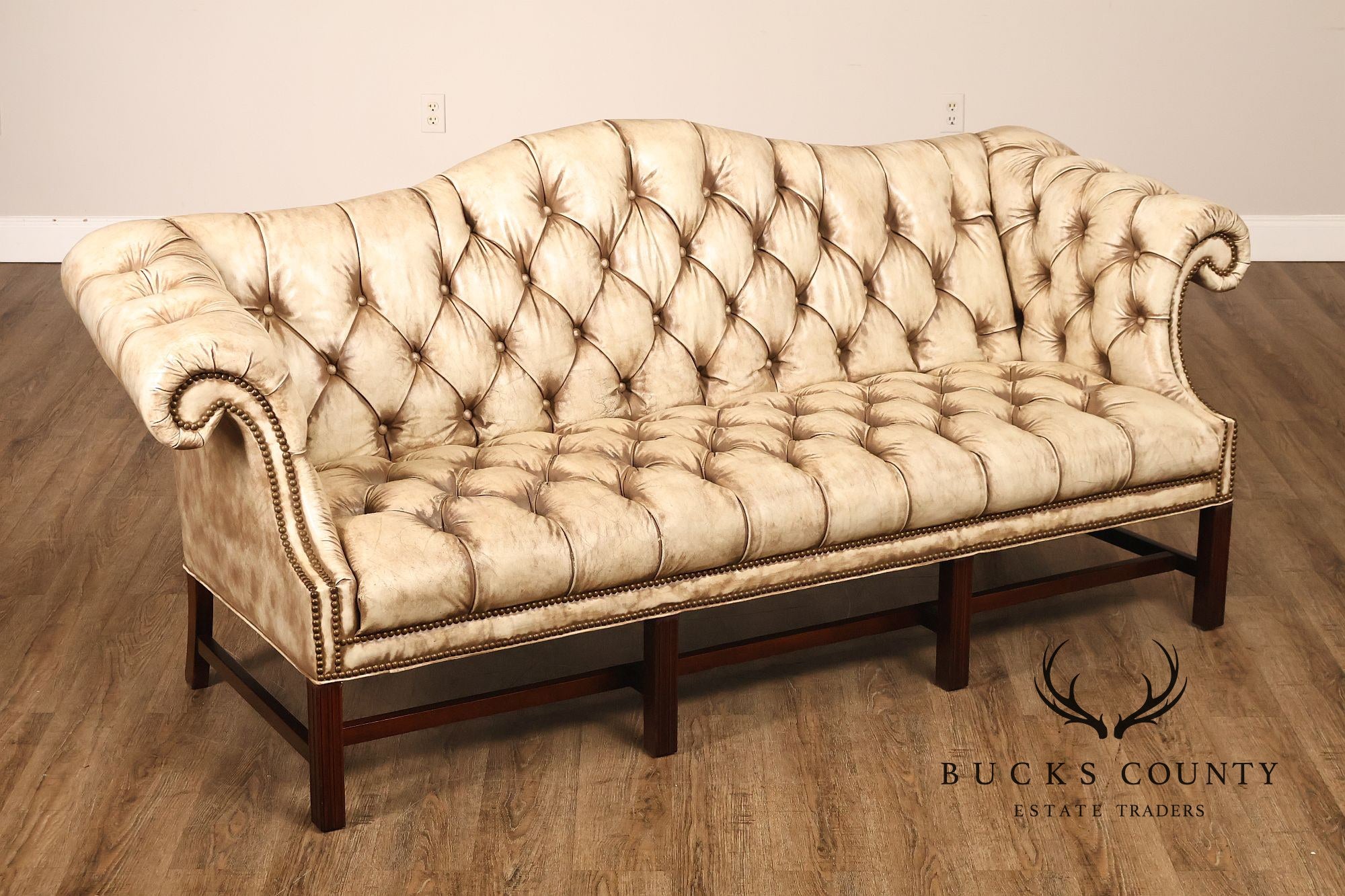 Chippendale Style Camelback Vintage Tufted Chesterfield Leather Sofa
