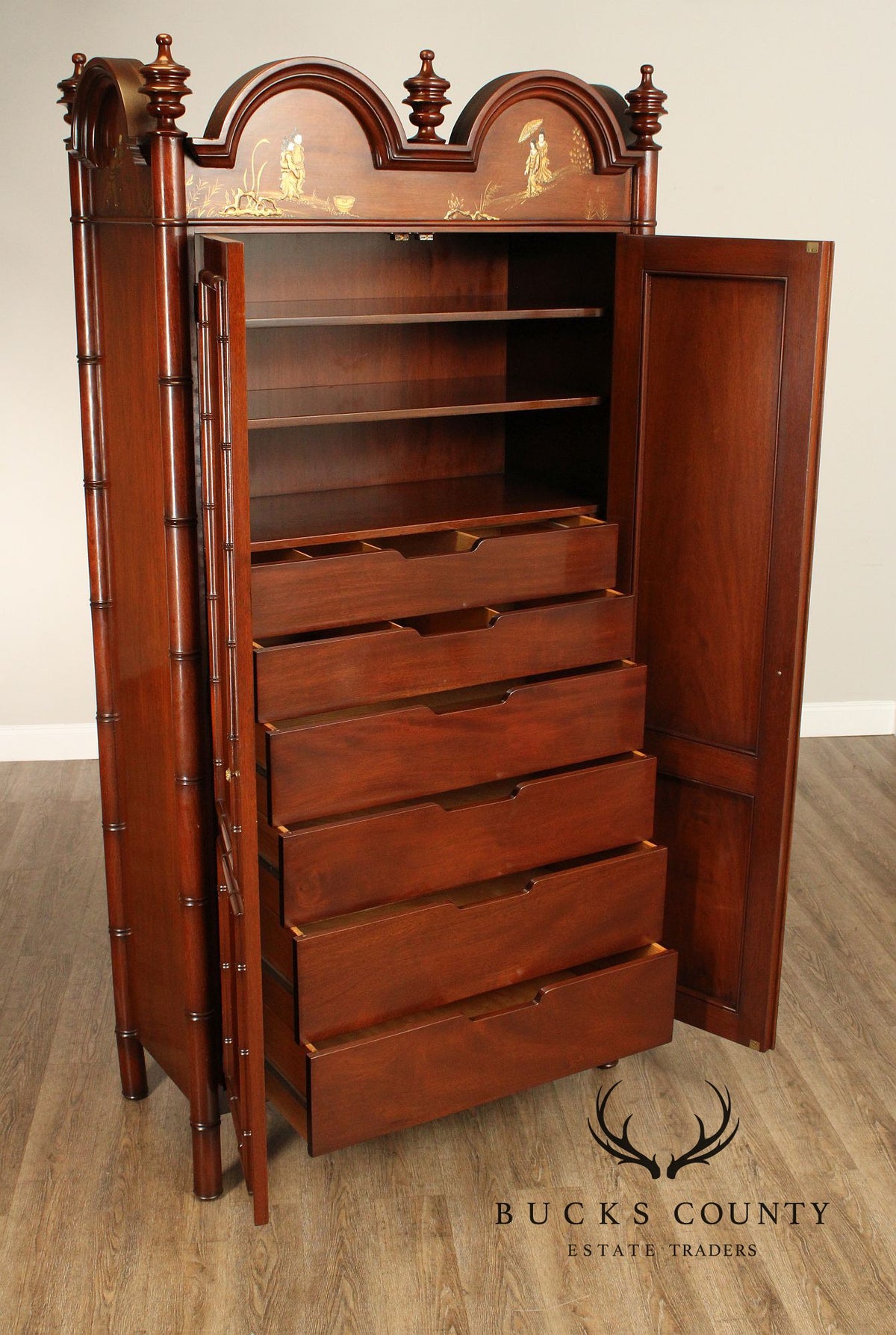 Chinoiserie Style Mahogany Gentleman's Armoire With Faux Bamboo Moldings and Painted Panels