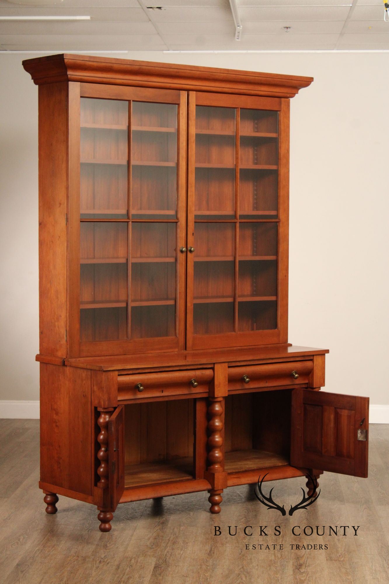 Antique American Empire Large Cherry Stepback Bookcase
