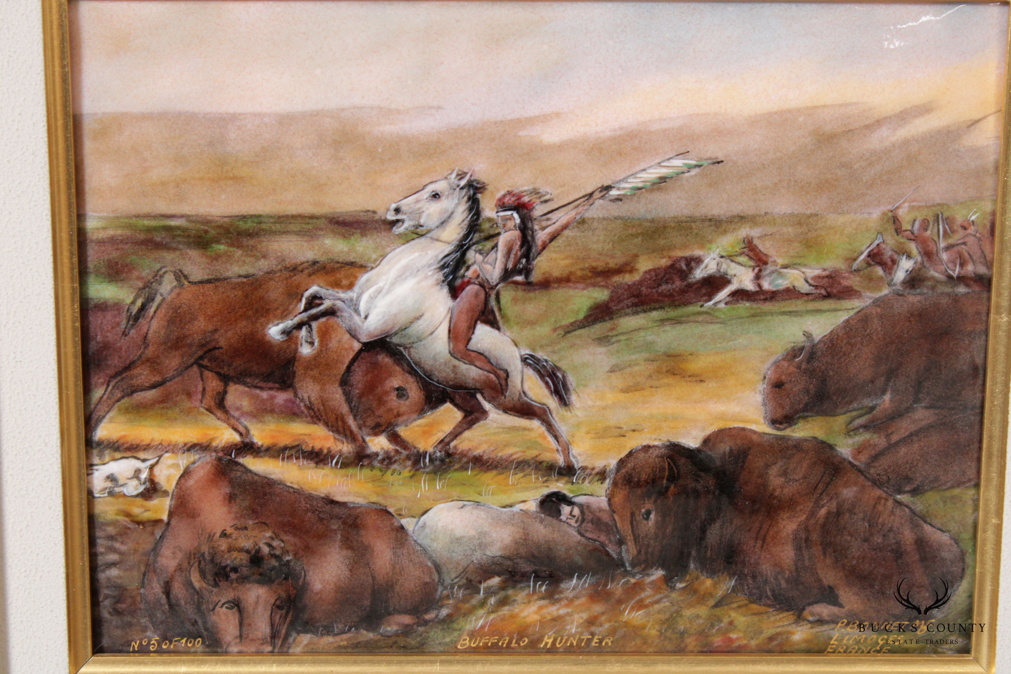 Pierre Bonnet 'Buffalo Hunter' Limoges France Enamel Wall Plaque