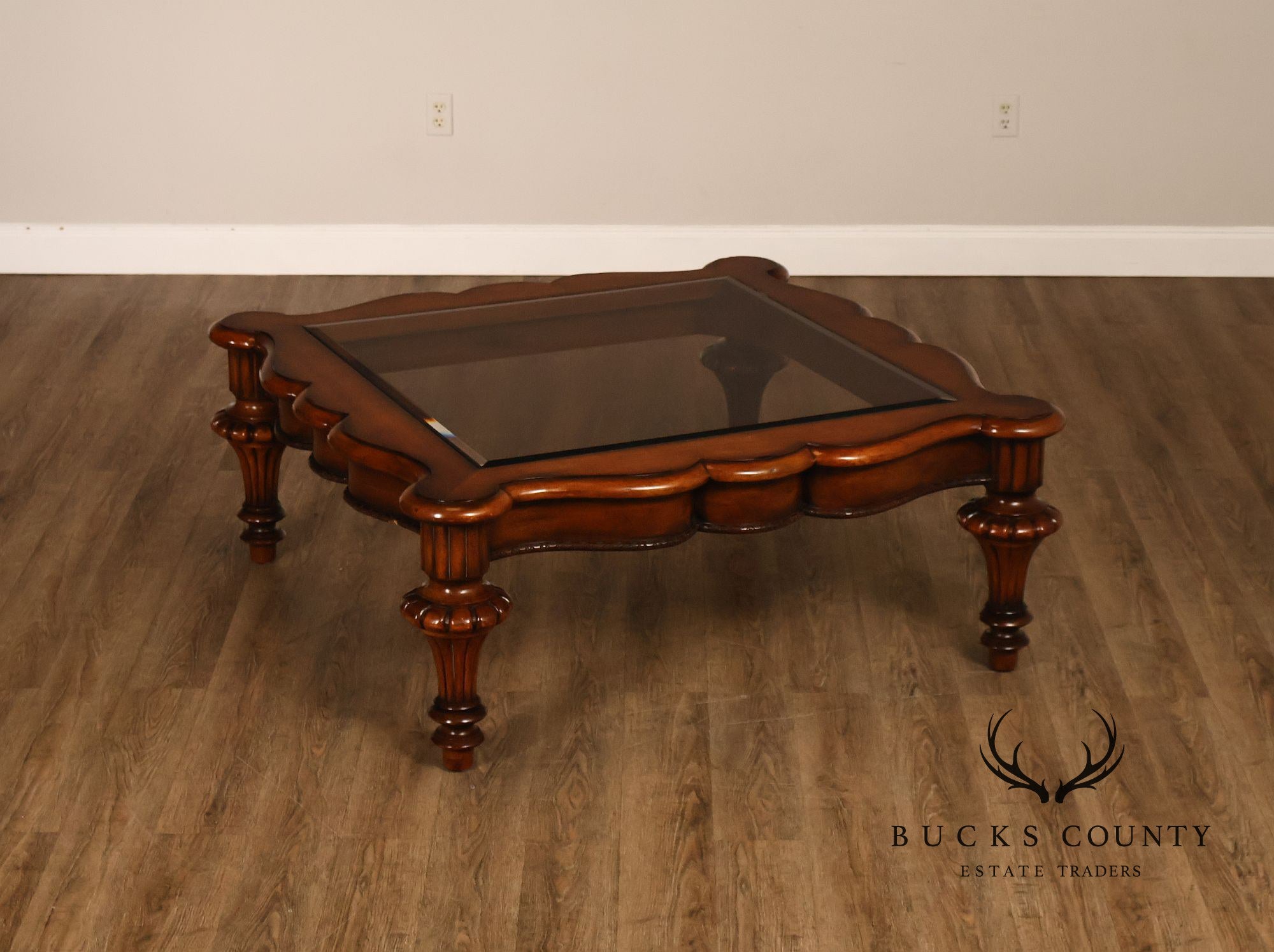 Mediterranean Style Carved Wood And Glass Square Coffee Table