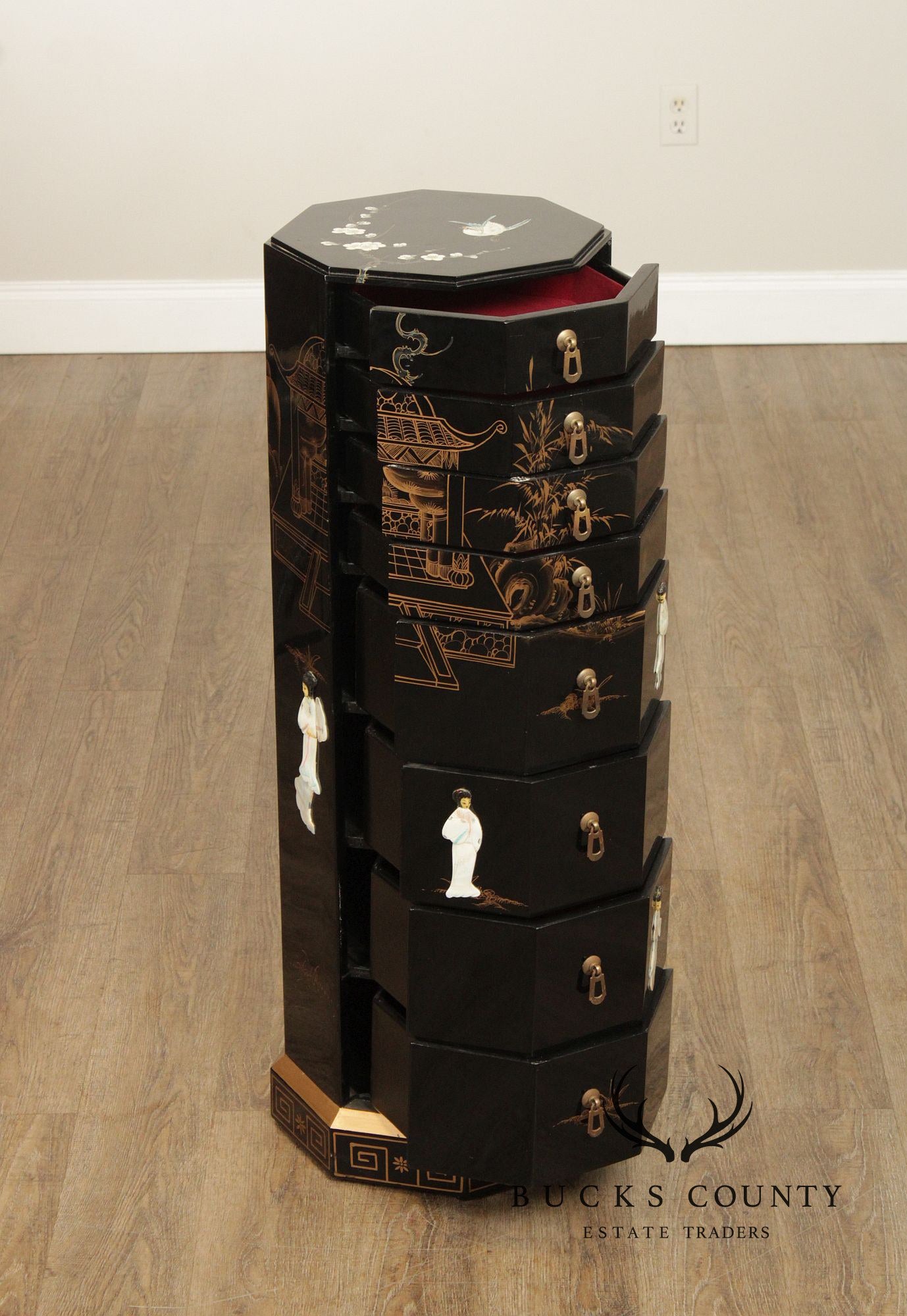 Chinoiserie Decorated Black Lacquer Jewelry Chest