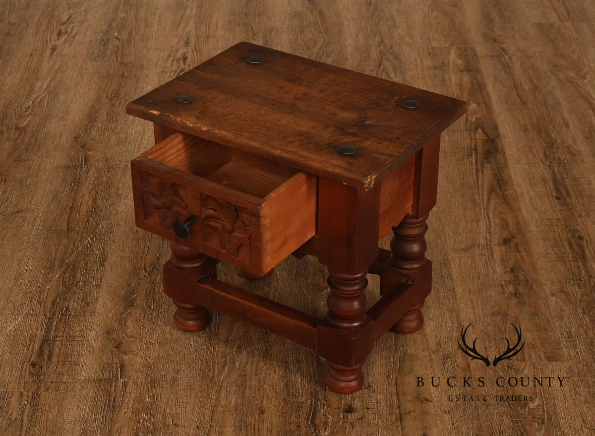 Vintage Spanish Colonial Revival Carved Wood One-Drawer Side Table