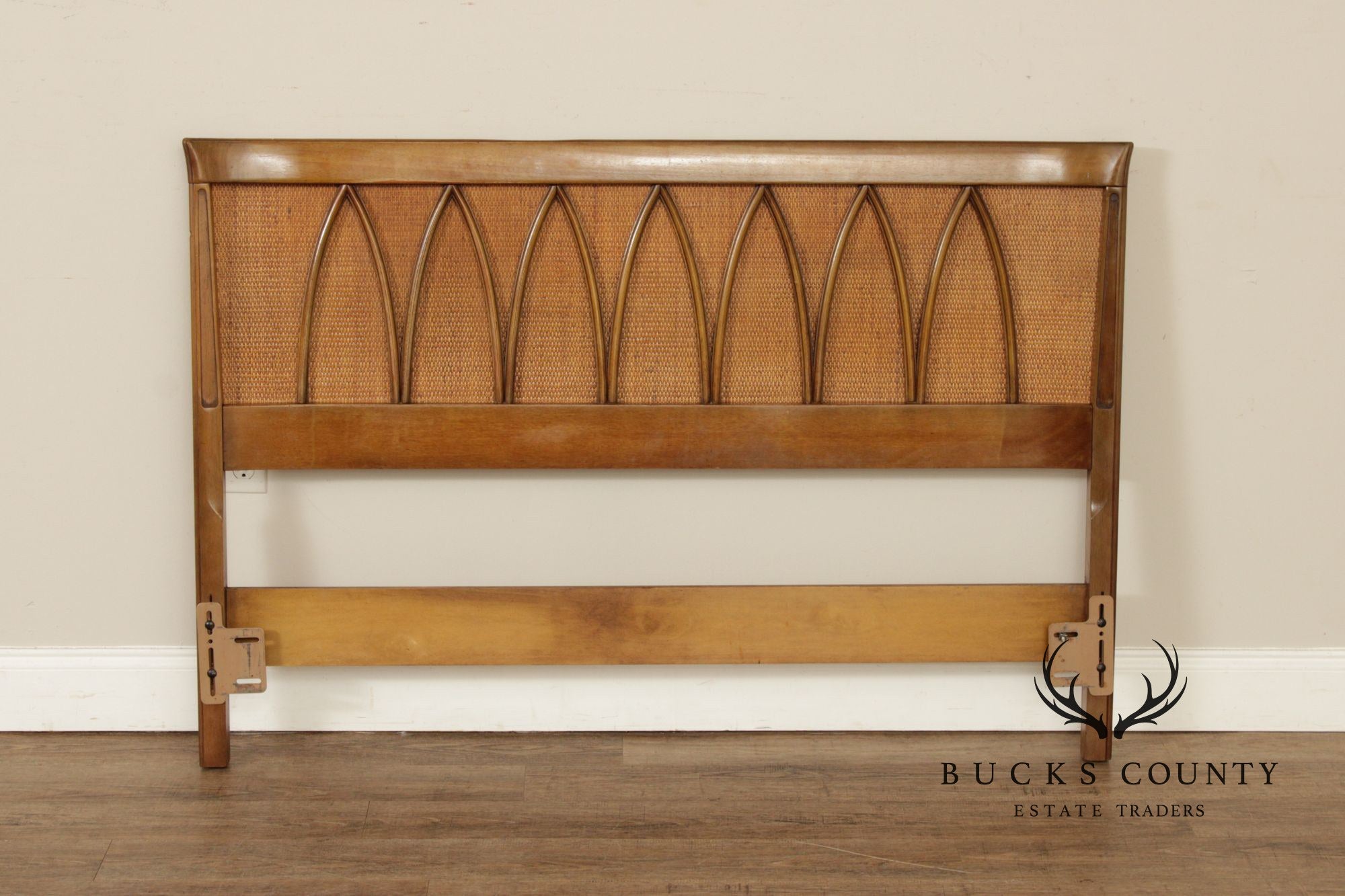 Mid Century Modern Walnut and Rattan Full-Size Headboard