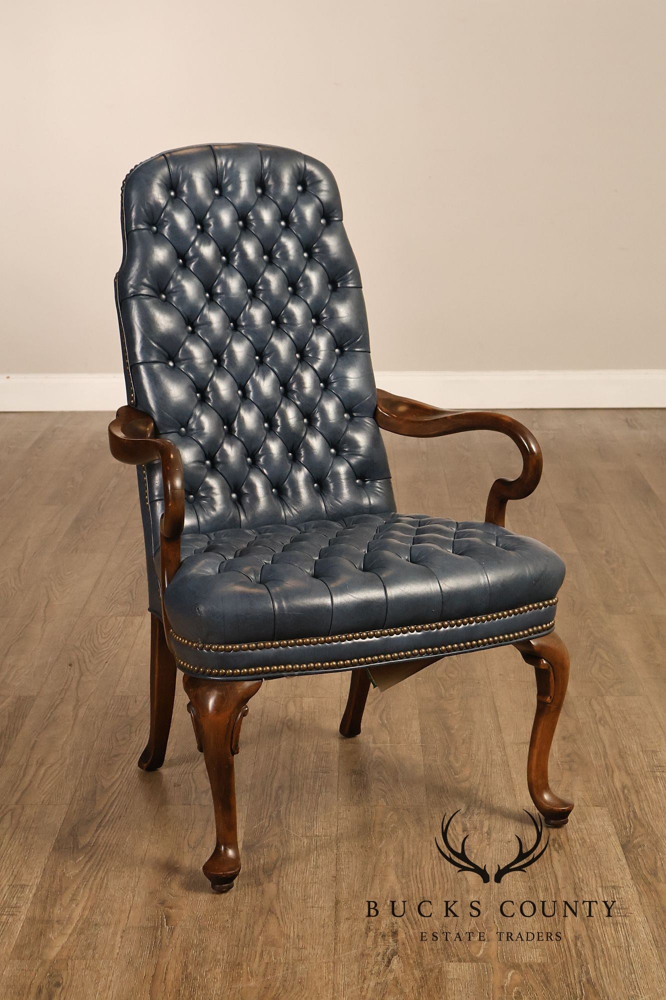 Ethan Allen Queen Anne Style Pair of Tufted Leather Library Armchairs